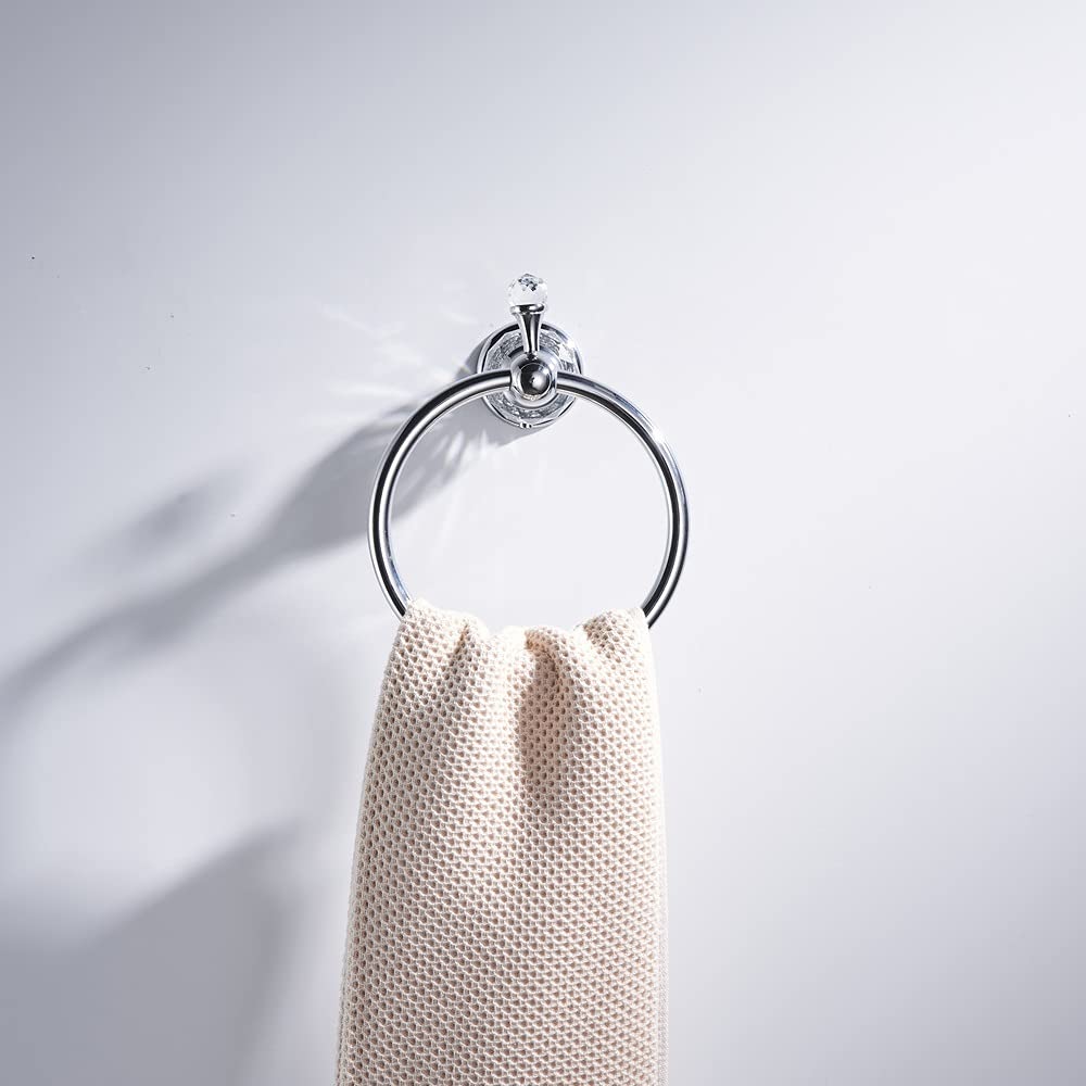 WOLIBEER Chrome Towel Ring - Crystal Hand Towel Holder & Polished Bath Towel Bar - Bling Bathroom Accessories Wall Mounted - Perfect for Bathroom, Kitchen, and Spa Decor