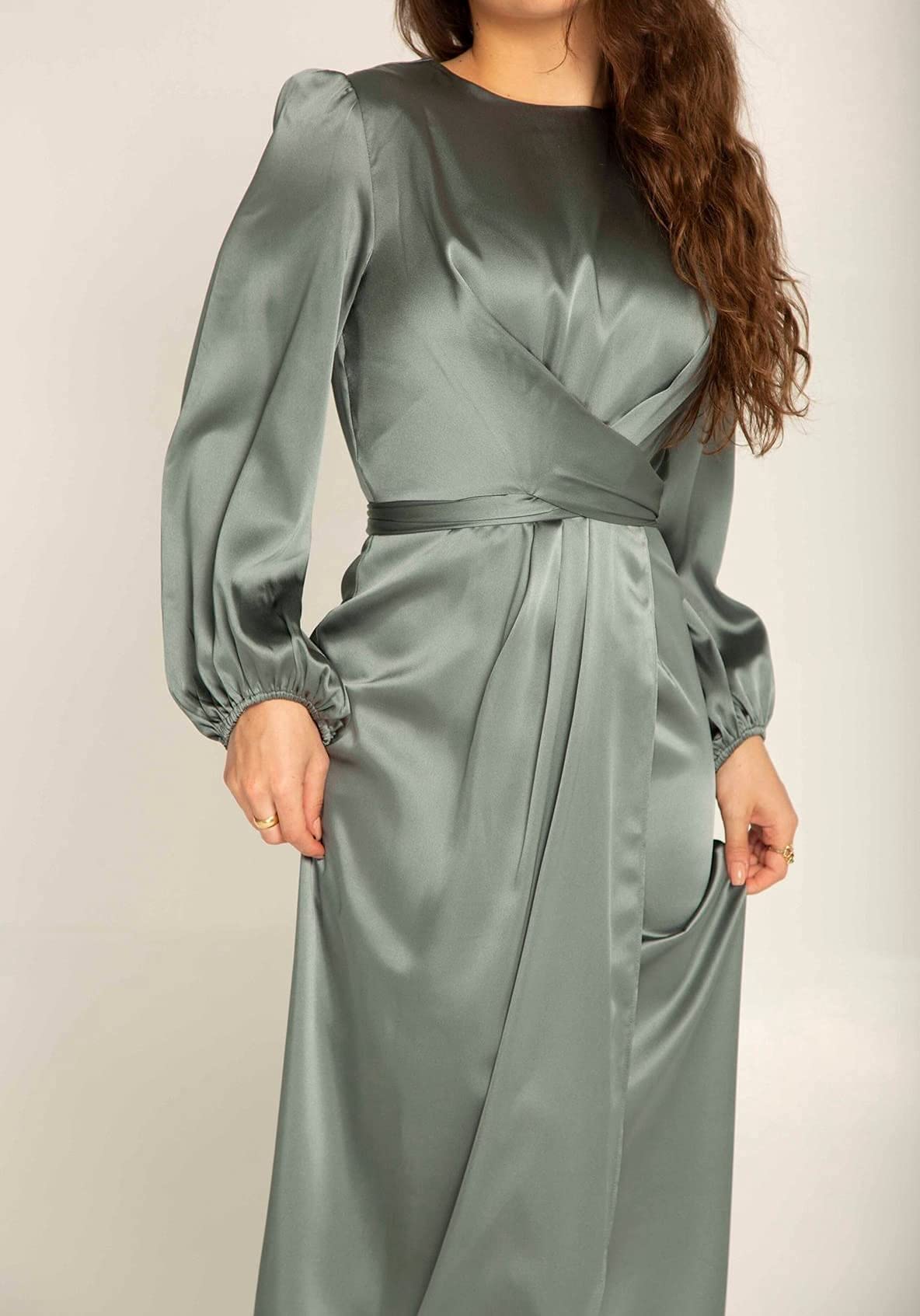 Elegant Empire Waist Long Sleeve Satin Maxi Dress for Women - Formal Evening Gown, Wedding Guest Dress, Prom Night & Special Occasions