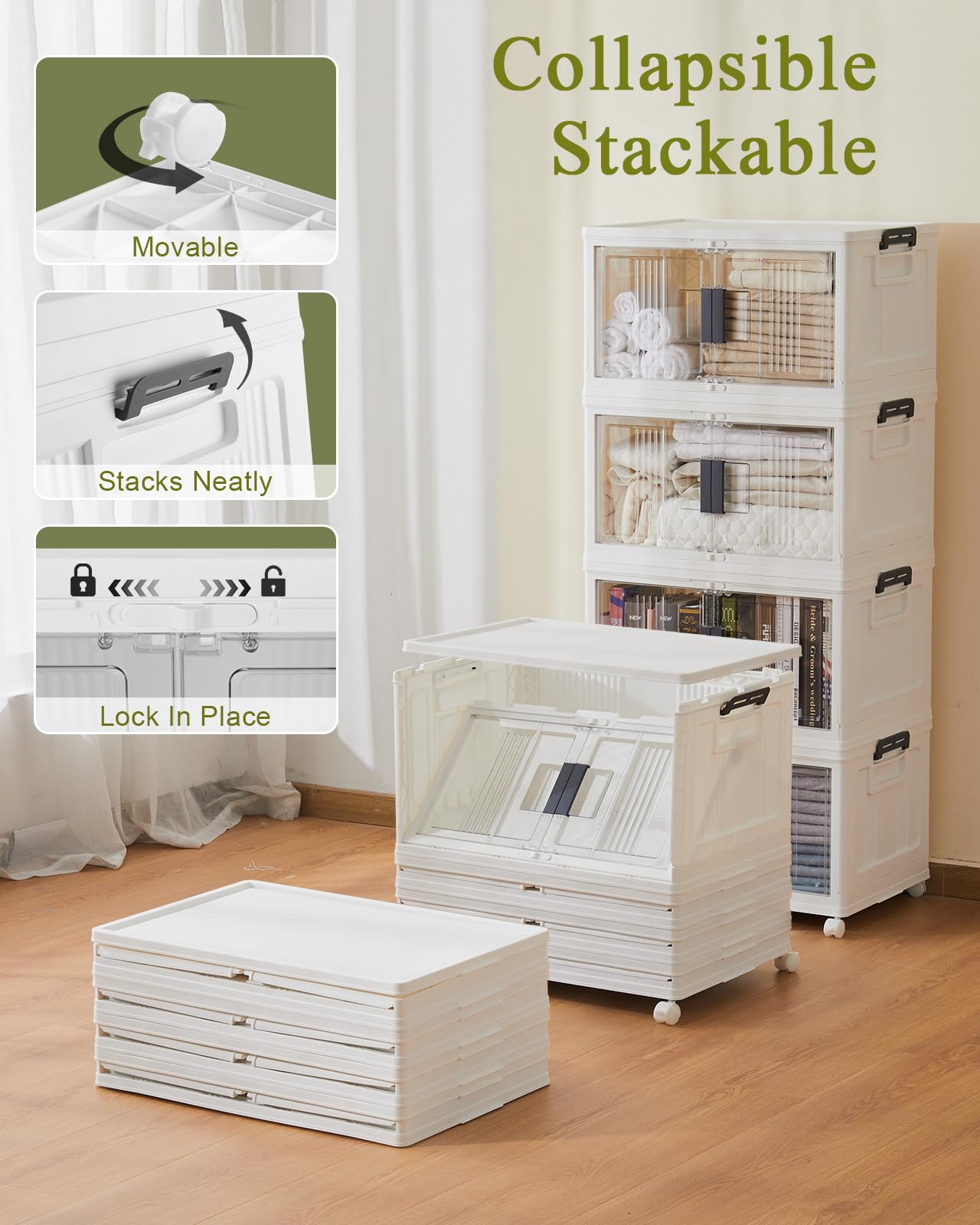 OlarHike 48QT Lockable Storage Bins with Lids - Foldable Plastic Storage Box with Doors & Wheels, Collapsible Organizer for Closet, Stackable Containers for Home & Office, 4-Pack Storage Cubes - Perfect for Organizing Clothes, Toys, and Household Items