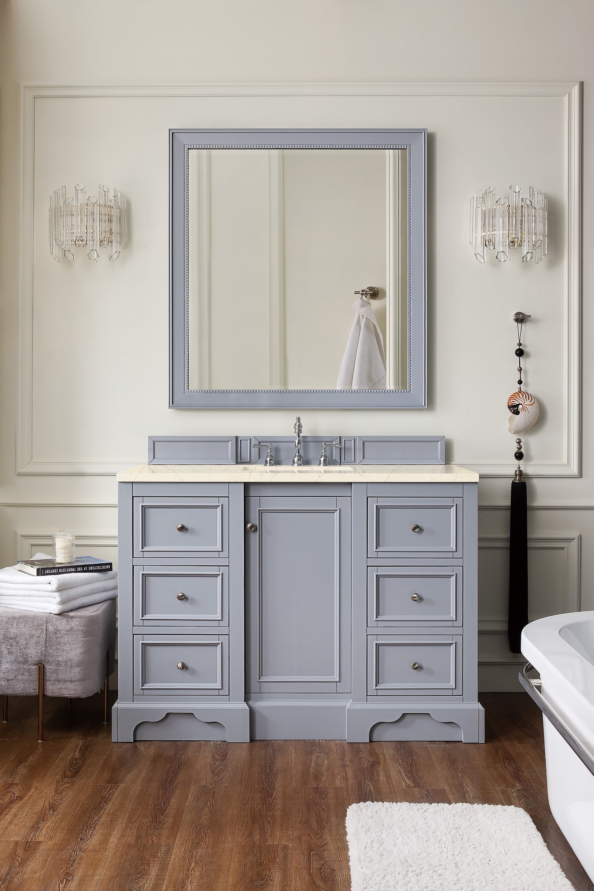 De Soto 48 Inch Single Bathroom Vanity in Silver Gray with 3CM Eternal Marfil Quartz Top – Perfect for Modern Bathroom Renovations & Small Space Designs