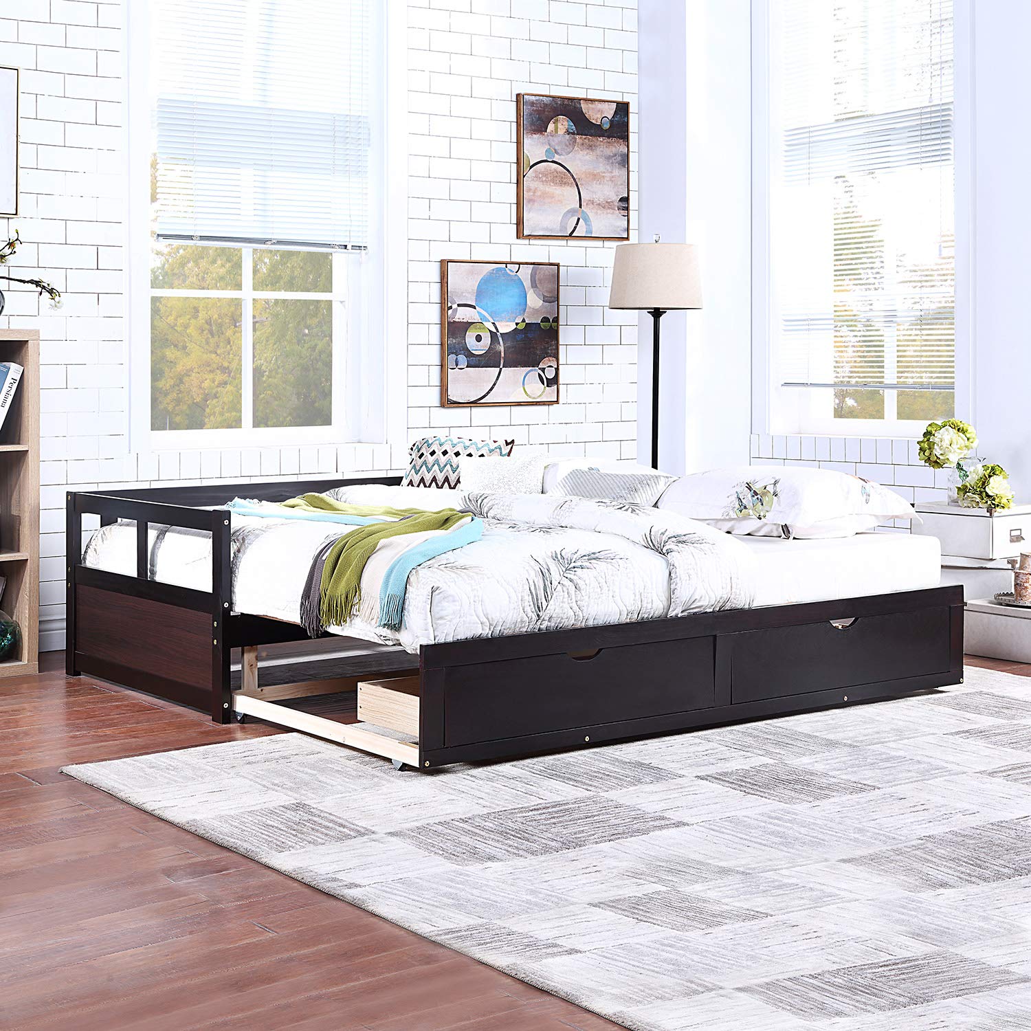 Wooden Daybed with Trundle & Storage Drawers - Extendable Sofa Bed for Bedroom & Living Room (Espresso) | Perfect for Guest Rooms, Small Spaces & Multi-Functional Furniture Needs