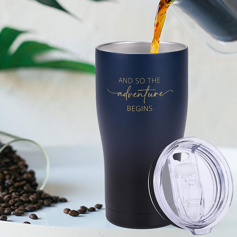 Adventure Begins Tumbler - Vacuum Insulated Stainless Steel Travel Mug with Straw for Graduation, New Job Gifts (Midnight) - Perfect for Coffee, Tea & Cold Drinks on the Go