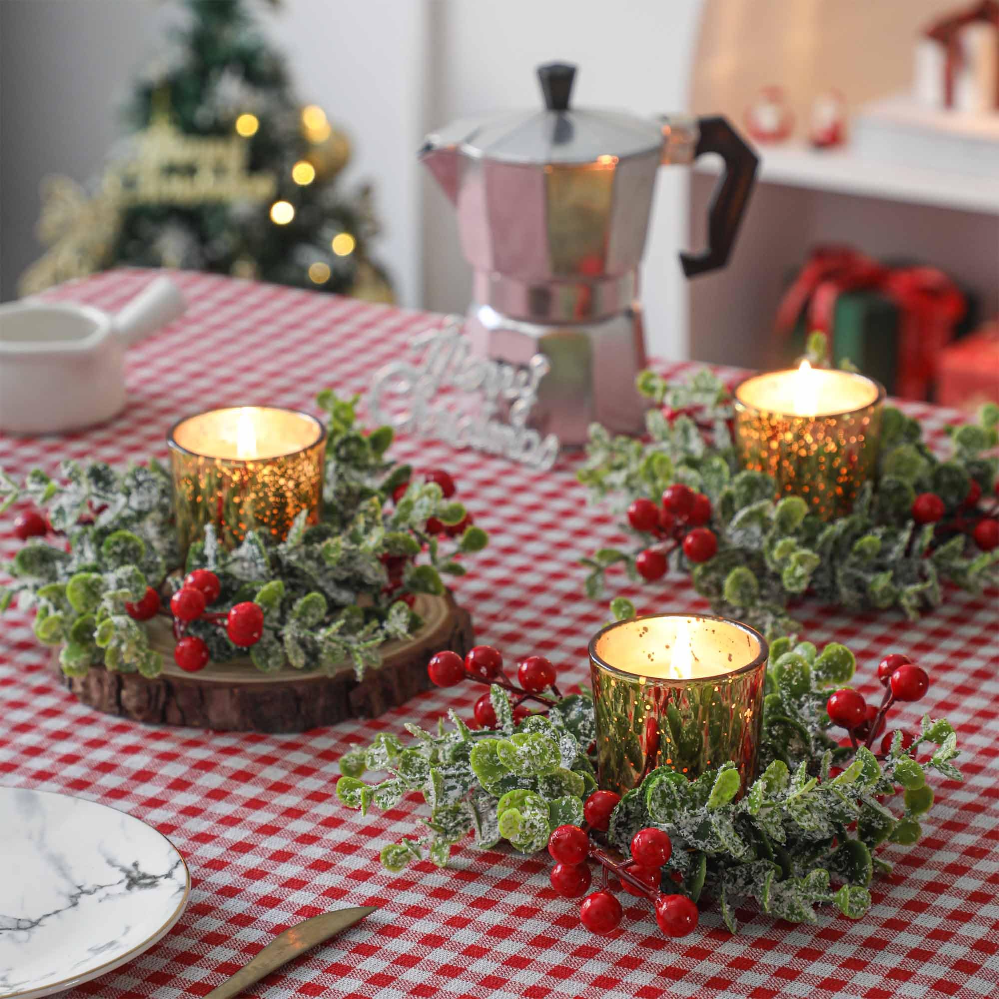4-Pack Gold Votive Candles with Red Berry Christmas Candle Ring Wreath - Elegant Holiday Table Centerpiece for Christmas Party, Home Decor & Festive Gatherings