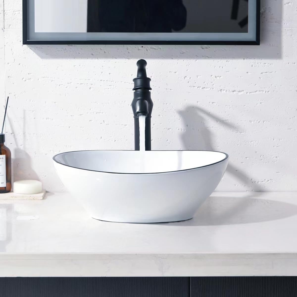 16x13 Inch White Porcelain Ceramic Oval Bathroom Vessel Sink with Faucet & Drain Combo - Above Counter Modern Vanity Basin Washing Bowl Set (White with Black Edge) for Bathroom, Powder Room & Guest Washroom Decor