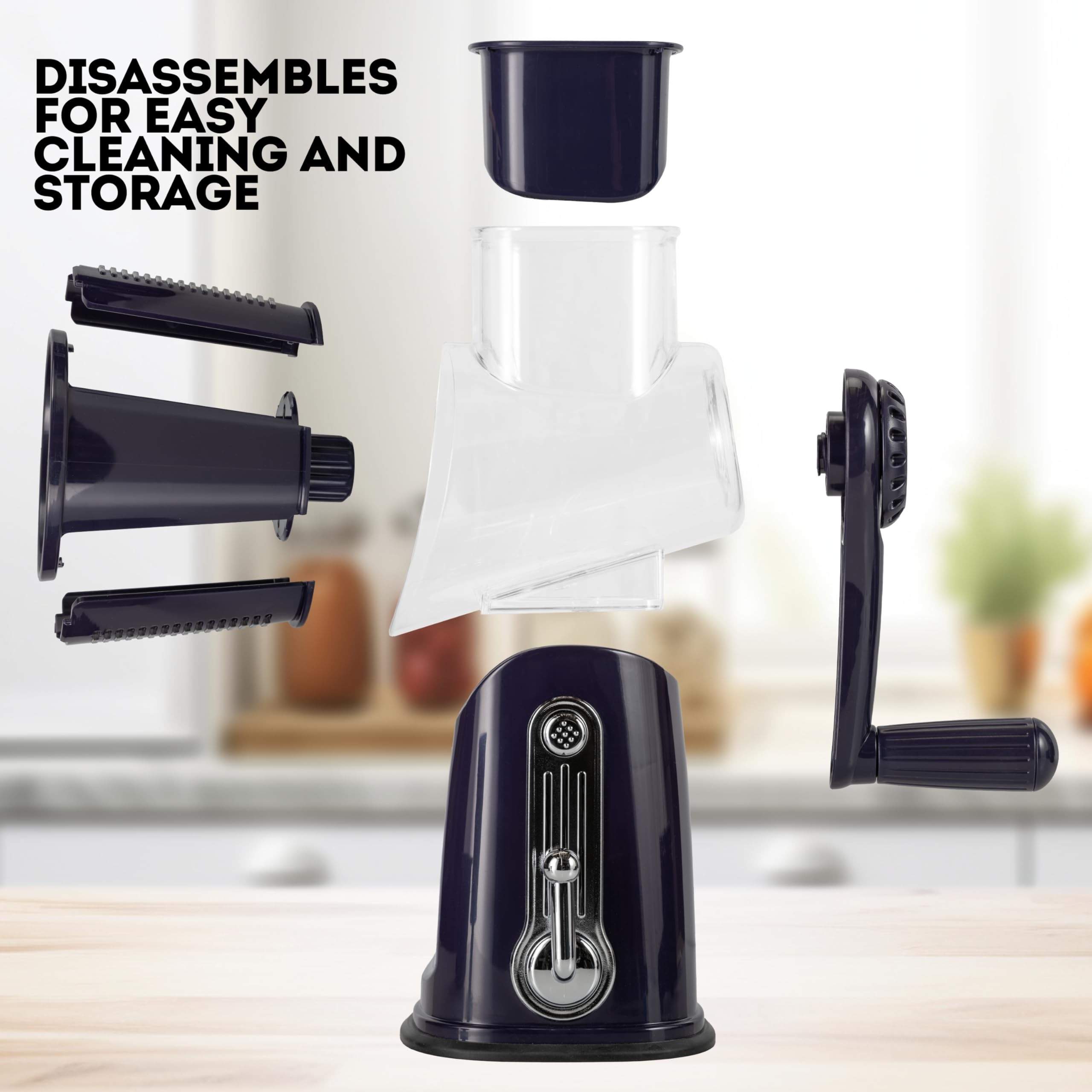 5-in-1 Rotary Cheese Grater with Handle – Stainless Steel Blades for Vegetables, Nuts & More | Multi-Functional Kitchen Tool for Grating, Slicing & Shredding | Easy to Clean & Dishwasher Safe (Purple) | Perfect for Salads, Pasta, Baking & Meal Prep