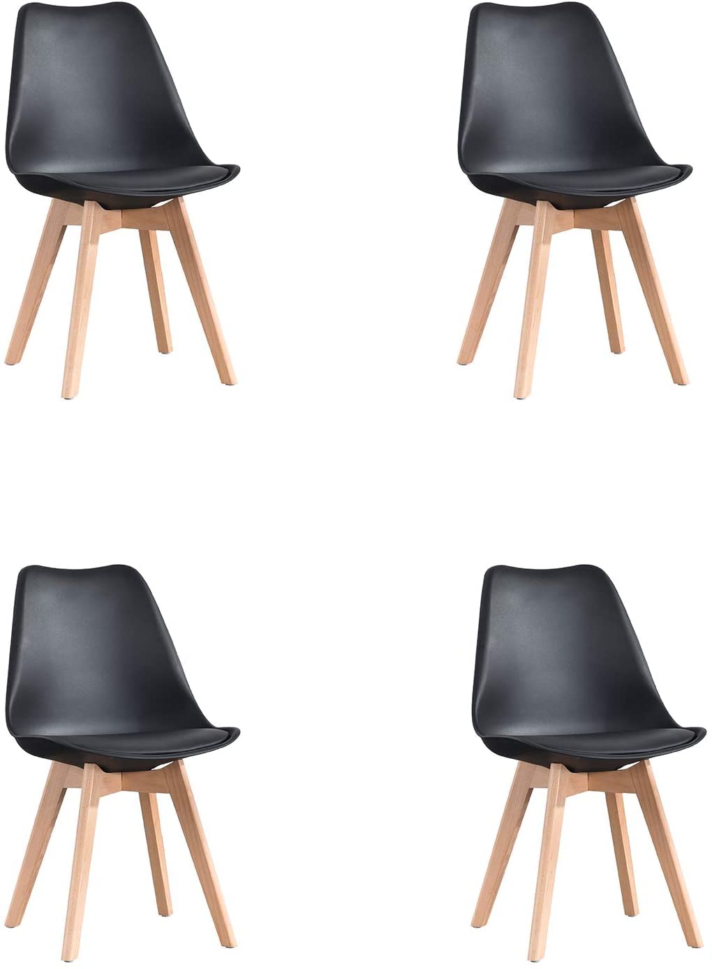 Scandinavian Modern Dining Chairs Set of 4 - Solid Beech Wood Legs & Padded Seat - Black Accent Chairs for Kitchen, Dining Room or Breakfast Nook