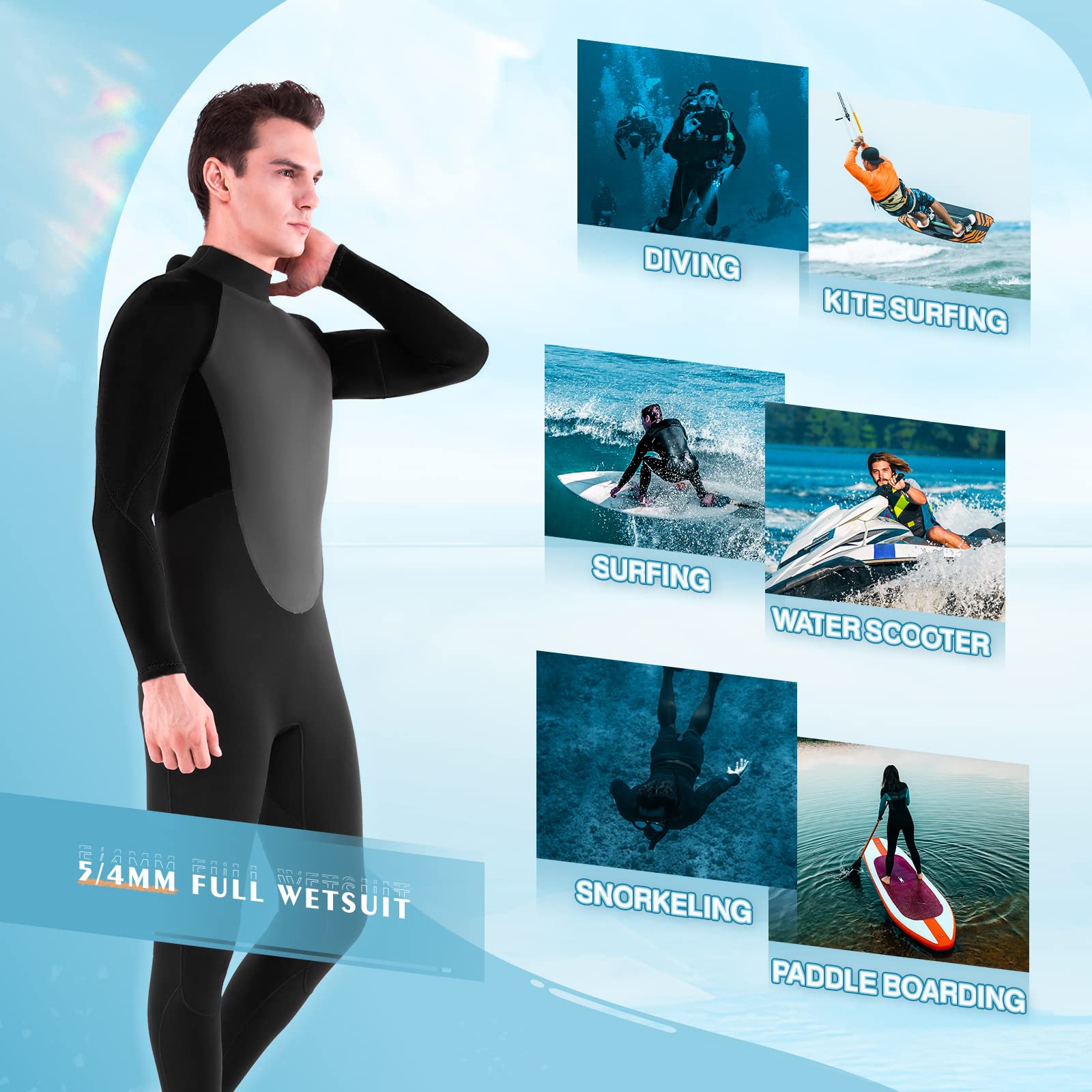 5/4mm Neoprene Scuba Diving Wetsuit for Men & Women - Long Sleeve Back Zipper Thermal Wet Suit for Cold Water Diving, Surfing & Snorkeling - Keep Warm in 50-60°F Waters