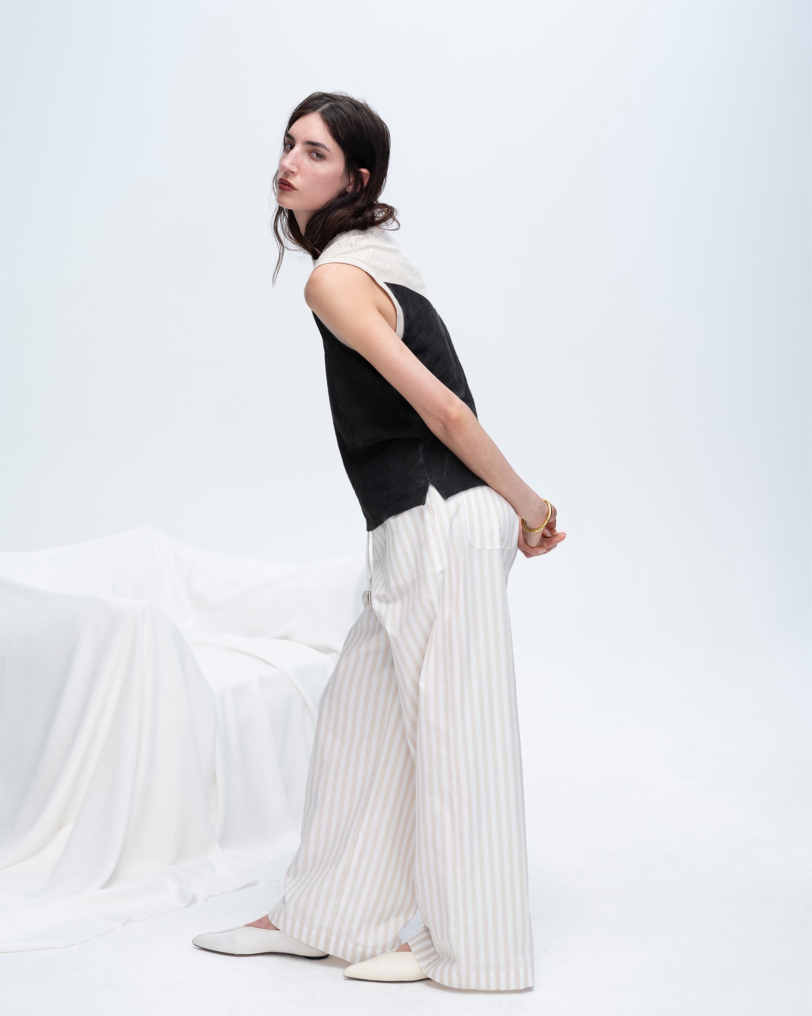Soft Cotton Blend Yarn-Dyed Stripe Pull-On Pants for Women - Comfortable Beige Chalk Color - Perfect for Casual Wear, Lounge & Travel