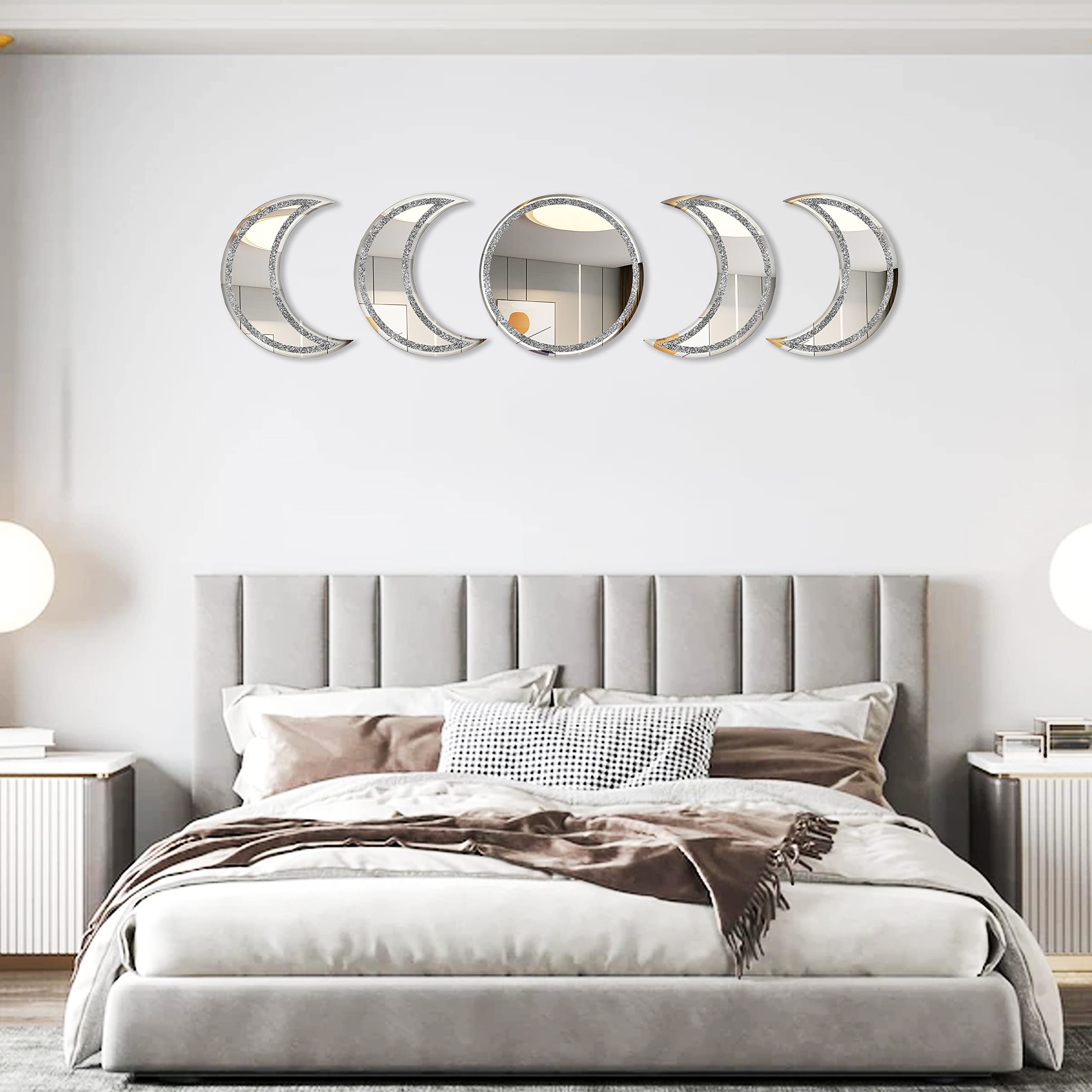 SHYFOY 5-Piece Silver Moon Phase Wall Mirror Set - Real Glass Mirrored Finish with Glitter Frame, Bohemian Home Decor for Living Room, Bedroom & Entryway - Perfect for Wall Decor, Feng Shui & Spiritual Spaces