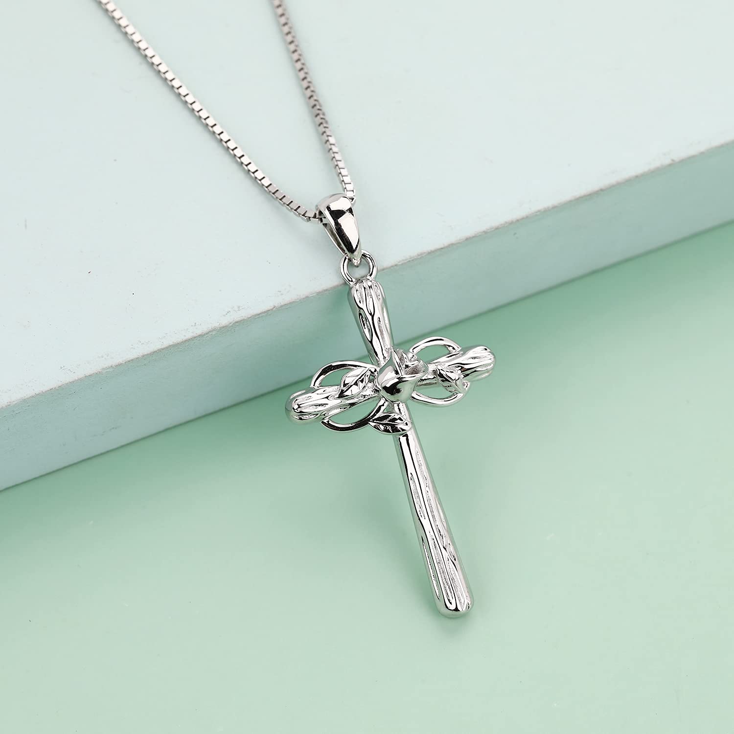 Sterling Silver Cross Necklace with Infinity Rose Charm - Elegant Christian Jewelry for Women, Baptism Gift, First Communion, Confirmation & Everyday Faith Wear