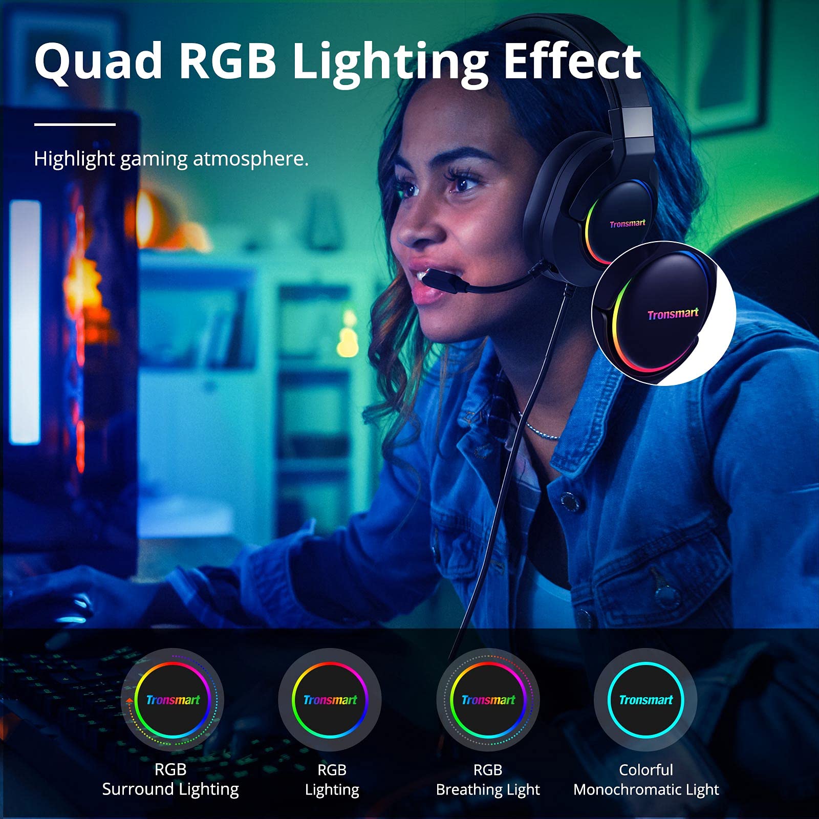 Tronsmart Sparkle RGB Gaming Headset with Microphone, 7.1 Virtual Surround Sound, 50mm Drivers, Noise Cancelling - Compatible with PS4/PS5/Switch/Mac/PC - Perfect for Gaming, Streaming & Online Meetings