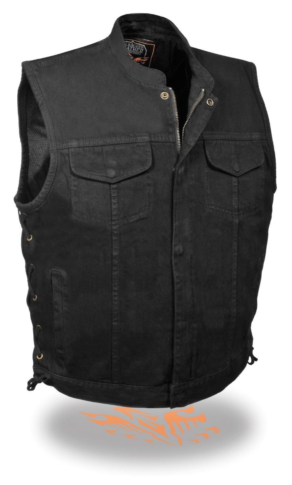 Men's Motorcycle Vest - Black Denim Biker Jacket with Side Laces & Zipper Gun Pockets | Sons of Anarchy Style | 2XL Regular Size | Perfect for Riding, Motorcycle Clubs & Casual Outfits