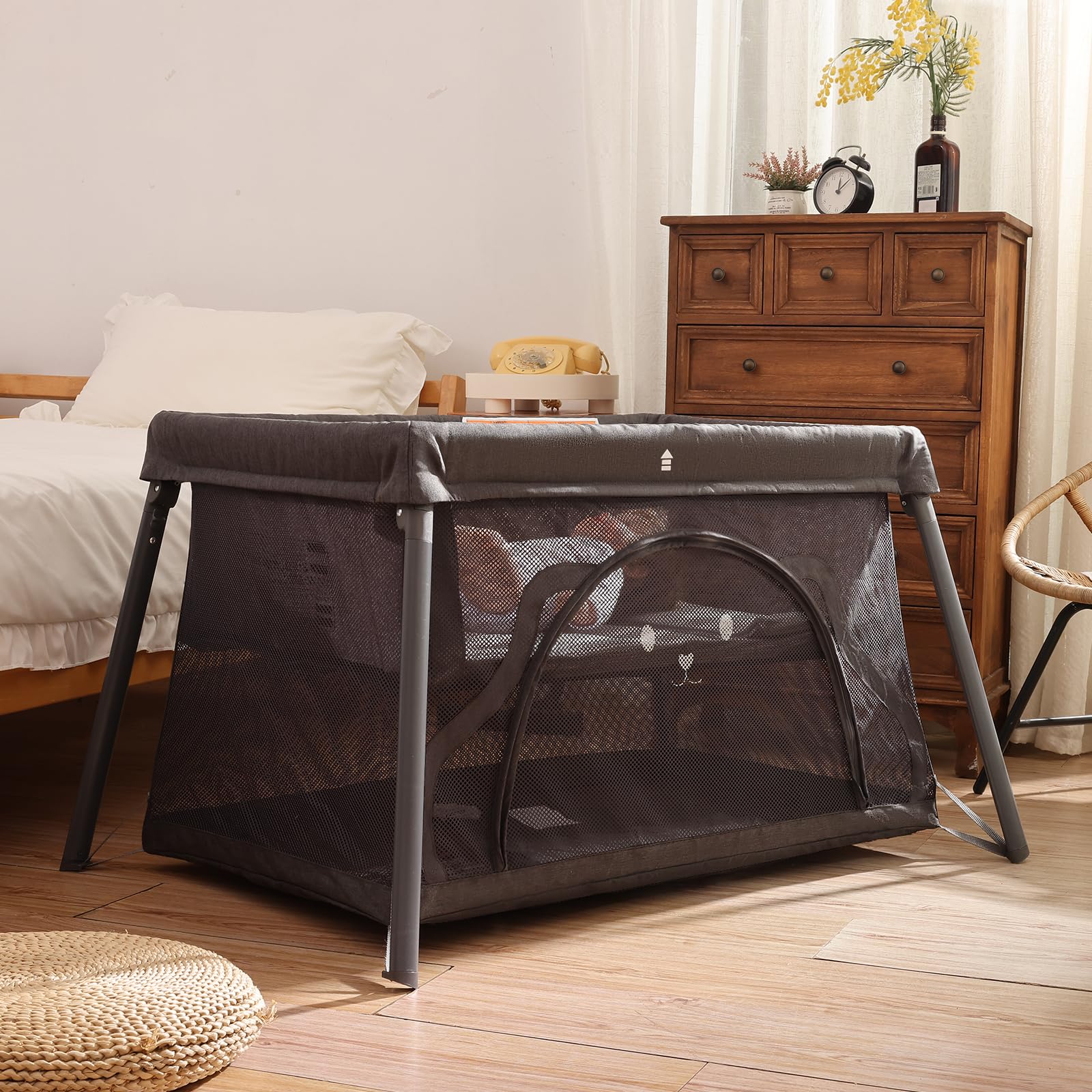 3-in-1 Portable Travel Crib for Babies & Toddlers - Lightweight Foldable Playpen with Comfortable Mattress & Carry Bag (Dark Grey) - Perfect for Home, Travel, Camping & Grandparents' House