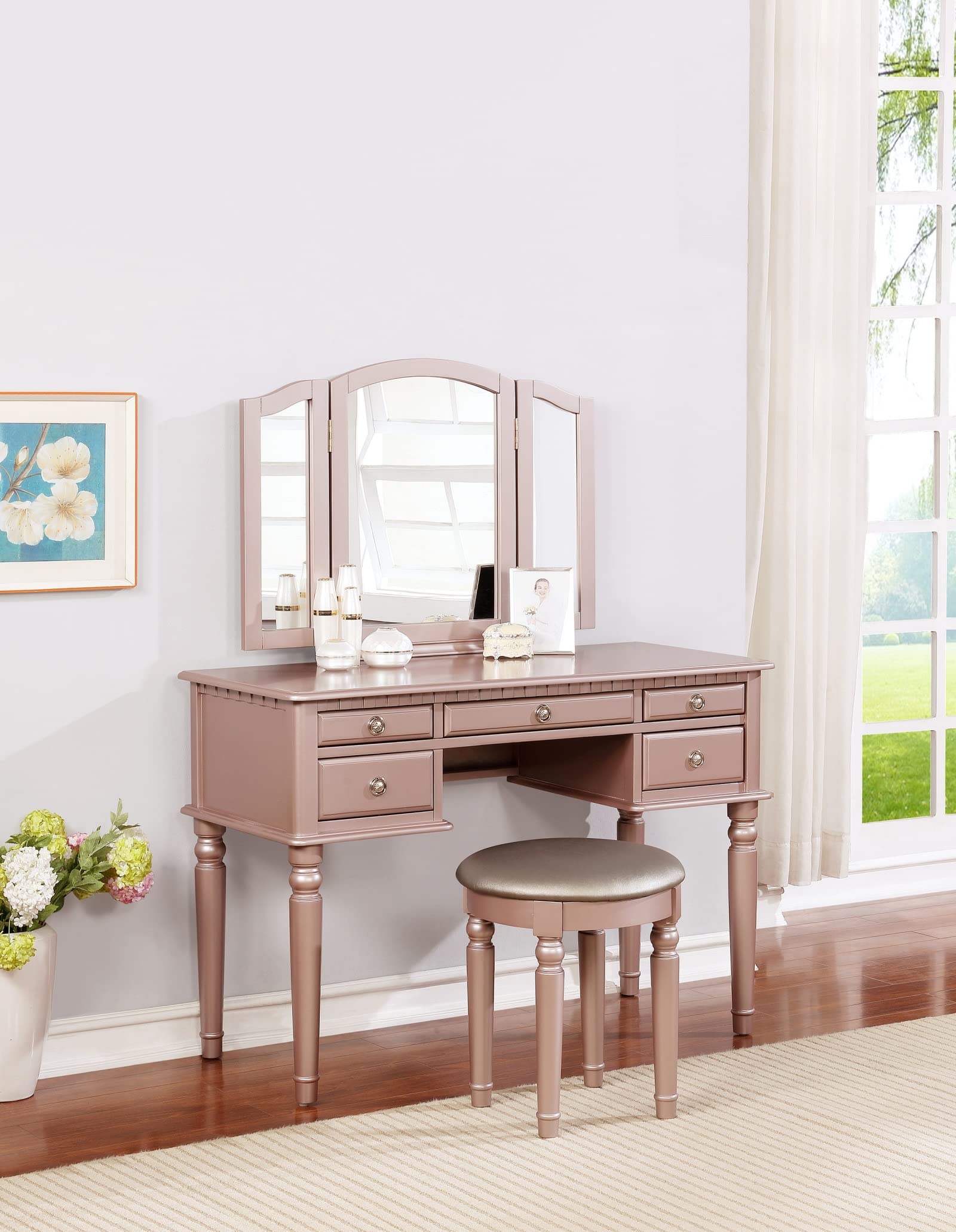 Antique Makeup Vanity Set with Stool & Drawers - Vintage Dressing Table with Mirror & Storage - Perfect for Bedroom, Boudoir, or Bridal Suite Decor