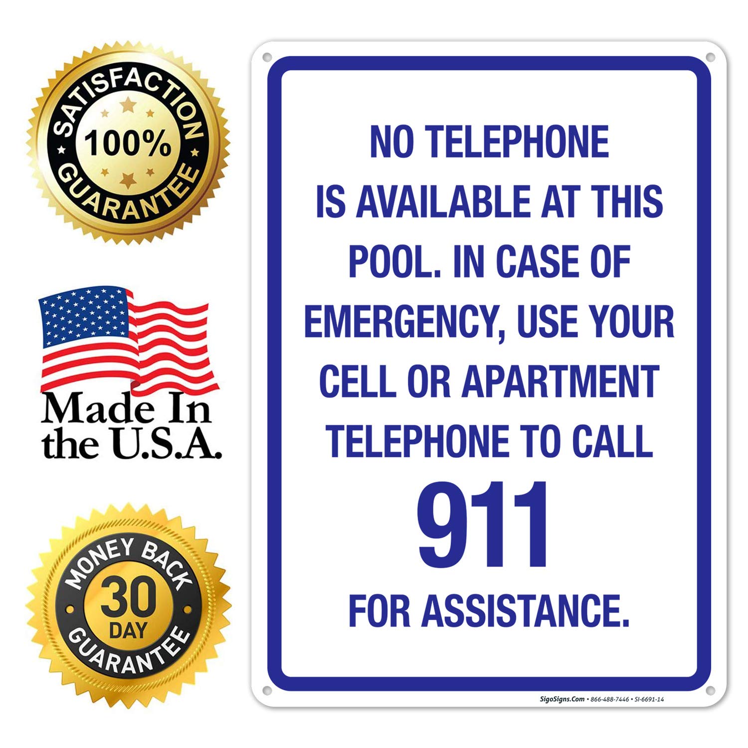Sigo Signs No Telephone Available at This Pool Sign 10x14 Inches Rust Free Aluminum Fade Resistant Indoor Outdoor Use Made in USA for Swimming Pools Water Parks Public Facilities