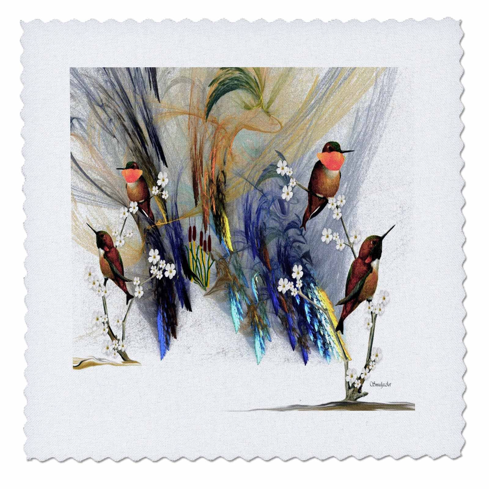 3D Rose Rufous Hummingbirds Quilt Square - 8x8 Inch Decorative Fabric Panel for DIY Quilting, Home Decor, and Craft Projects
