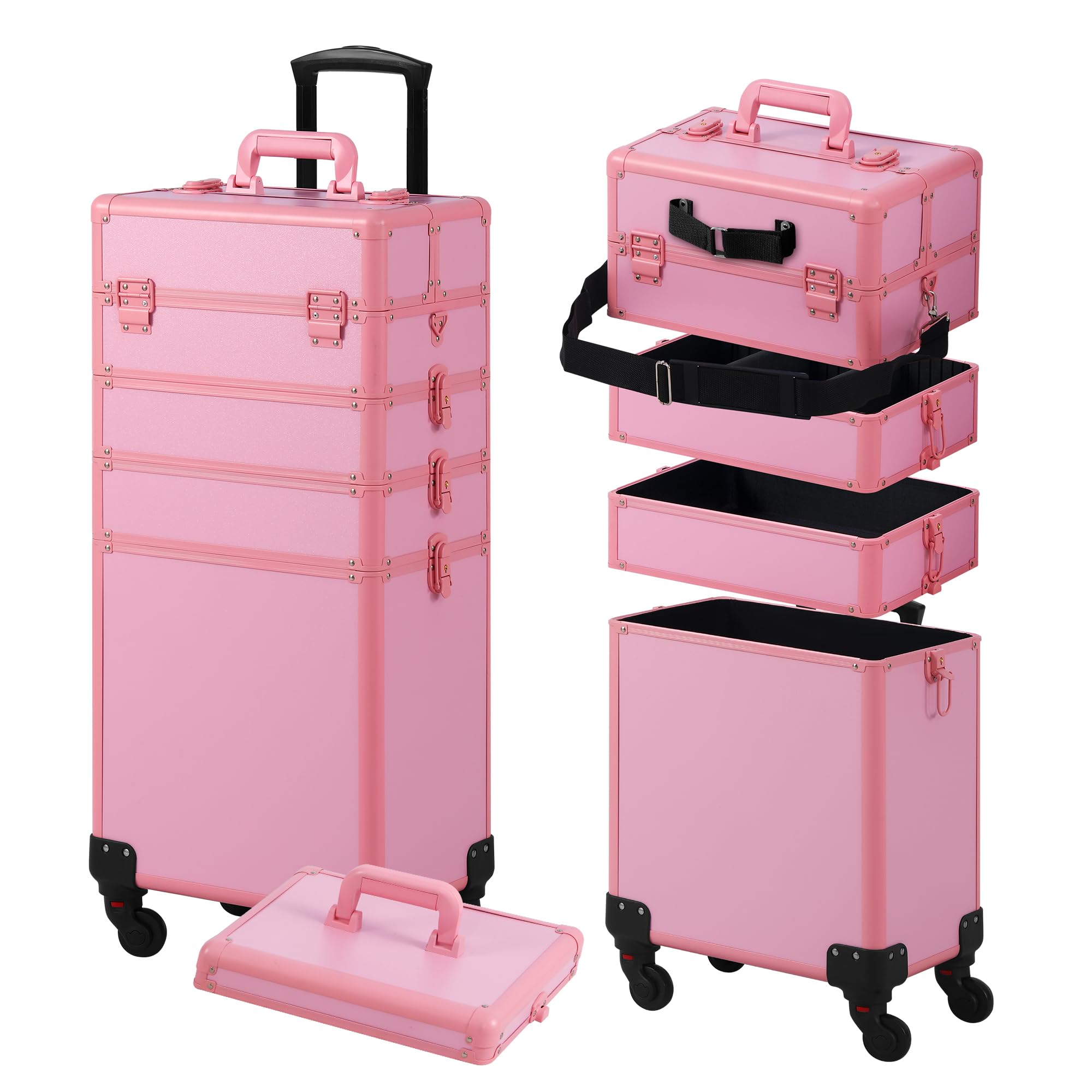 Professional Rolling Makeup Train Case with Lid - 5-in-1 Cosmetic Organizer on Wheels for Salon, Barber & Travel | Large Pink Cosmetology Case | Perfect Christmas Gift for Makeup Artists & Stylists