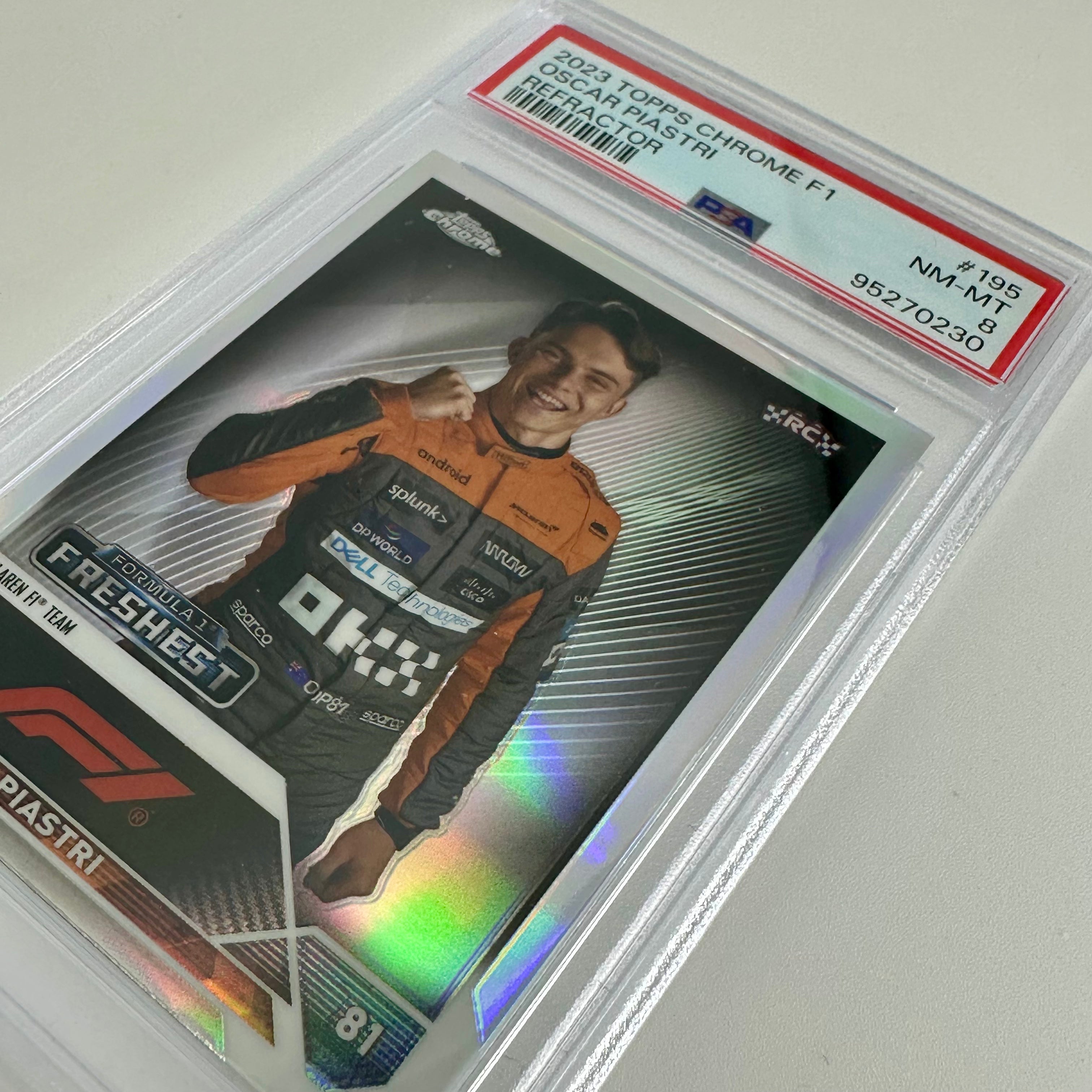 2023 Topps Chrome F1 Oscar Piastri #195 Refractor Rookie Card PSA 8 - Perfect for F1 Collectors, Racing Fans, and Sports Memorabilia Enthusiasts