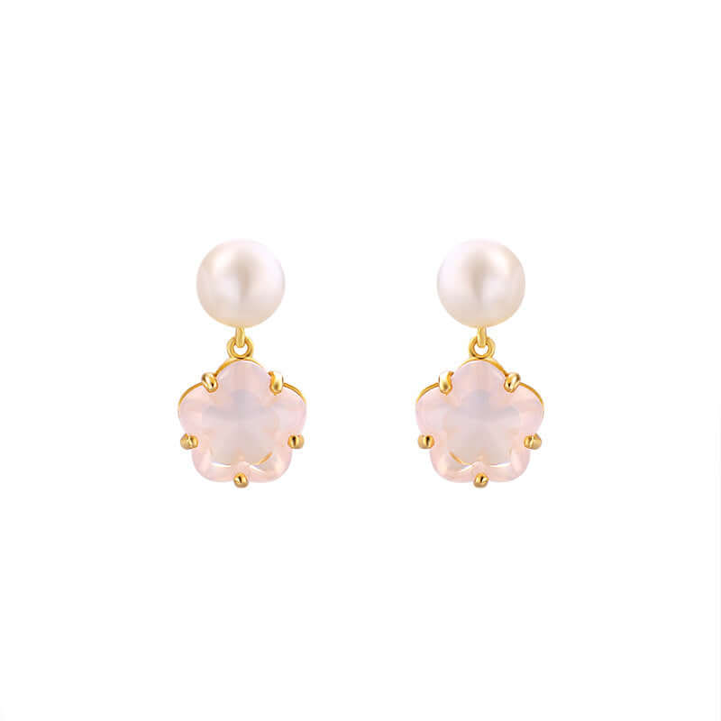 925 Sterling Silver Flower Rose Quartz Pearl Drop Earrings for Women | Elegant Dangle Jewelry Gift for Birthday, Anniversary & Valentine's Day | TB1459
