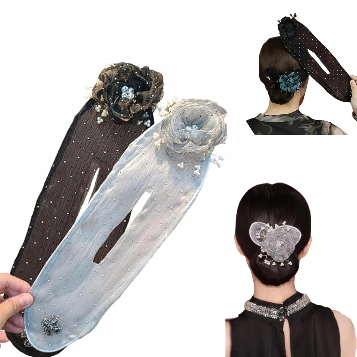 Easy Snap Hair Bun Maker for Long Thick Hair - 2pcs Set with Hand Embroidered Flowers, Ball & Butterfly Hair Clips | Perfect for Updos, Weddings, Work & Everyday Hairstyles