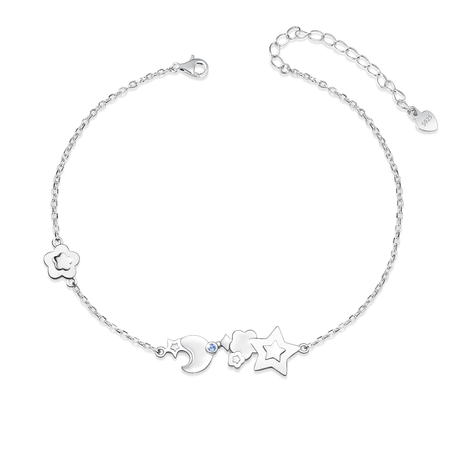 ZGBY Moon Star Anklet Bracelet for Women - 925 Sterling Silver Adjustable Ankle Chain Jewelry for Beach, Vacation & Summer Outfits (8.5 Inch) | Perfect for Boho Style, Seaside Parties & Festival Fashion