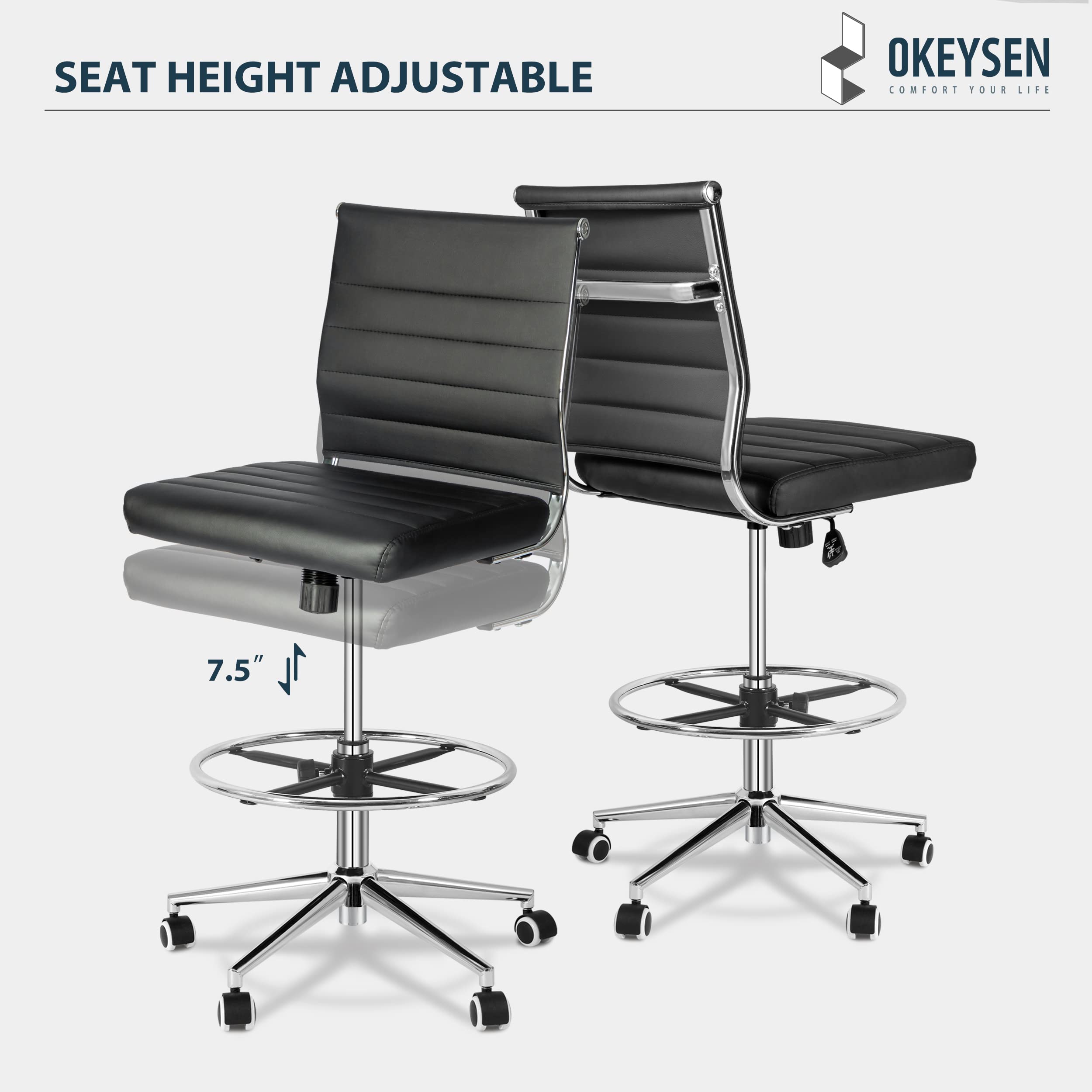 Okeysen Armless Drafting Chair - Adjustable Height PU Leather Office Chair for Standing Desks, Mid Back Support Rolling Stool with Footrest - Perfect for Home Office, Studio & Architectural Workspaces