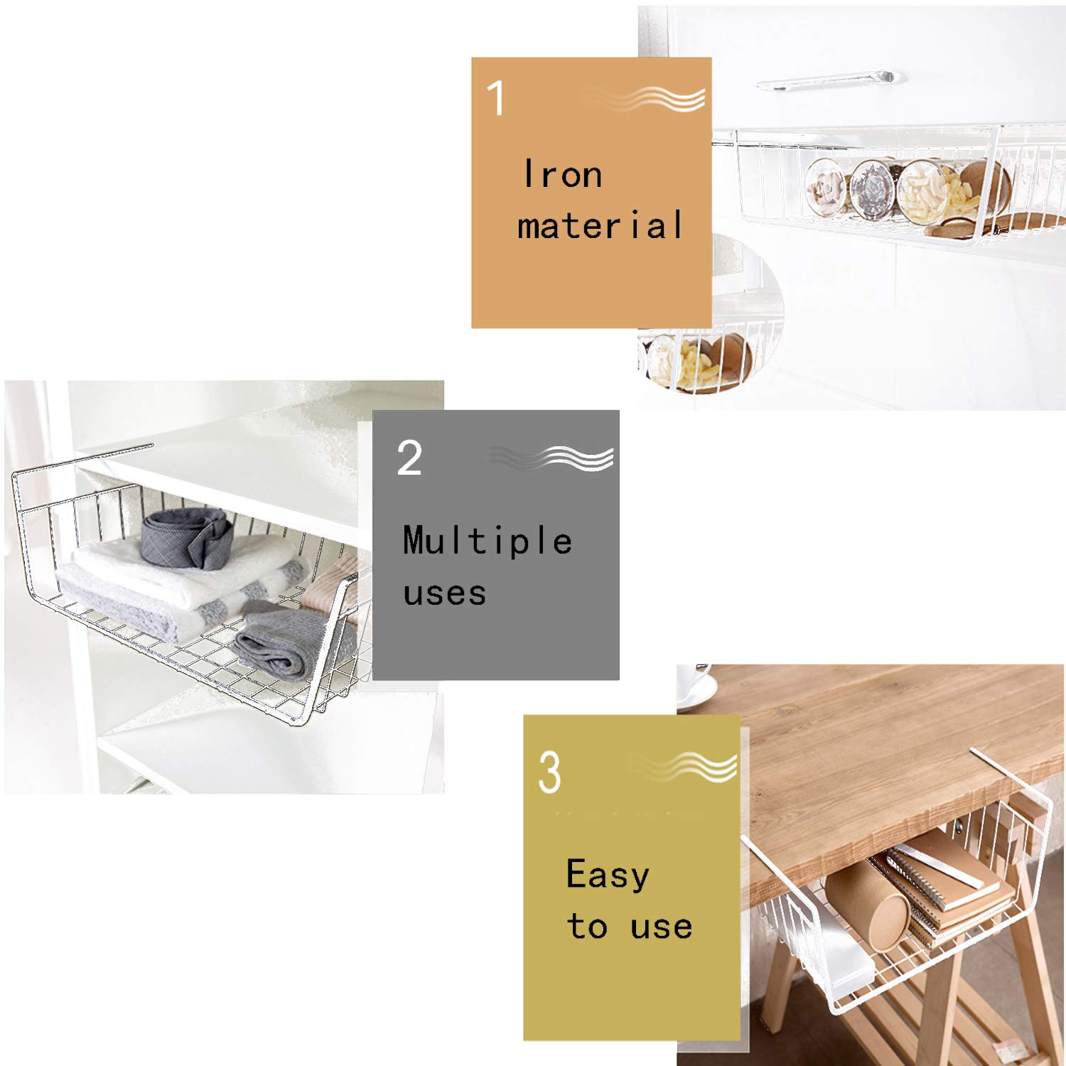 2 Pack Under Shelf Hanging Baskets - Space Saving Storage Organizer for Kitchen, Pantry, Office, Bookshelf, Closet & Bathroom - Perfect for Spices, Books, Toiletries & Small Items