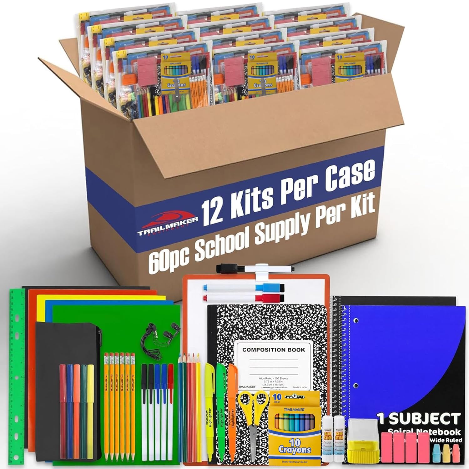 Trail Maker 12-Pack 60-Piece Bulk Back to School Supplies Kit for Kids - Includes Notebooks, Folders, Headphones, Ruler & More - Perfect for Classroom, Homeschool & School Organization