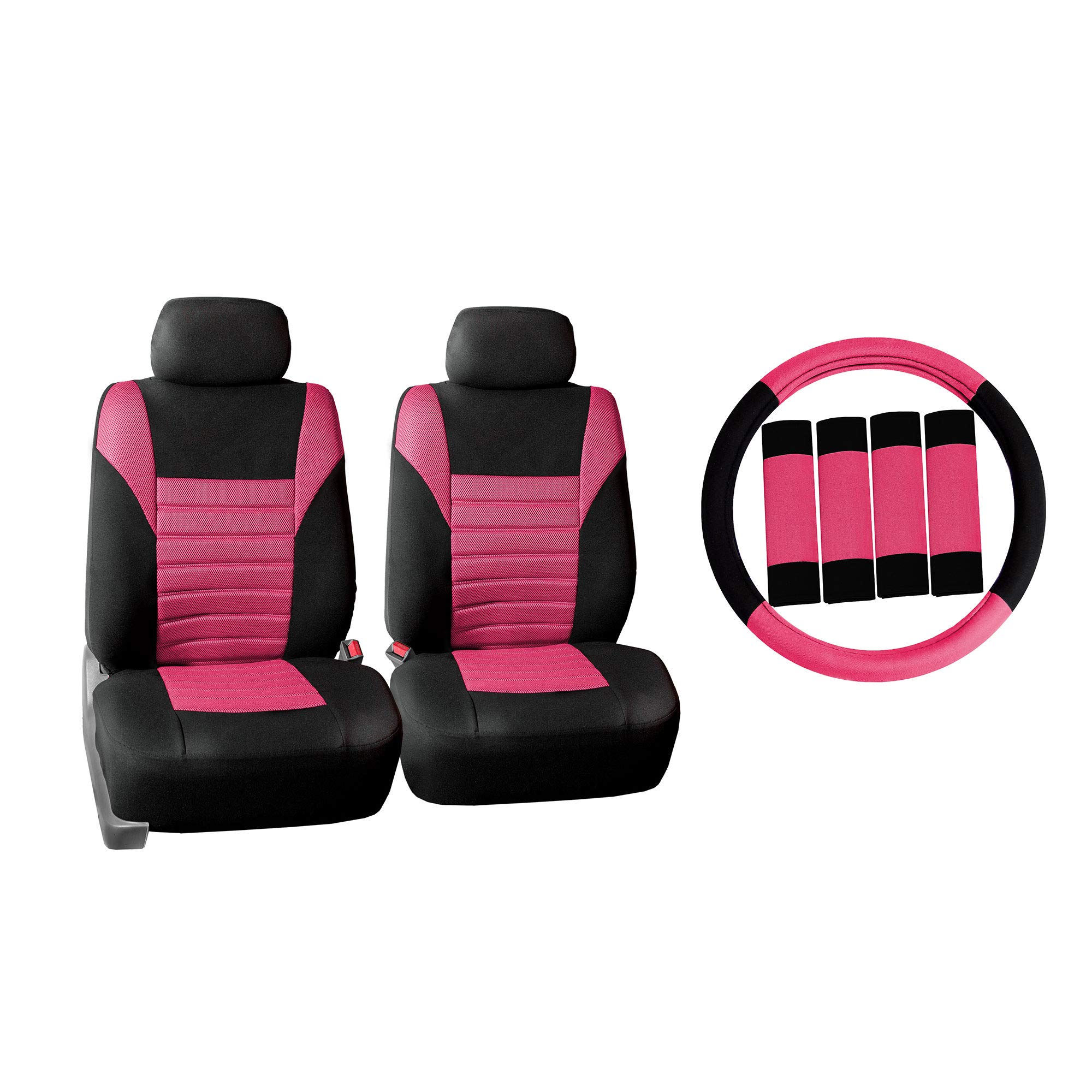 **TLH 3D Air Mesh Fabric Front Seat Covers - Breathable & Universal Fit, Removable Headrests & Airbag Compatible, Includes Steering Wheel Cover & Seat Belt Pads (Pink Combo) – Perfect for Cars, SUVs & Trucks**