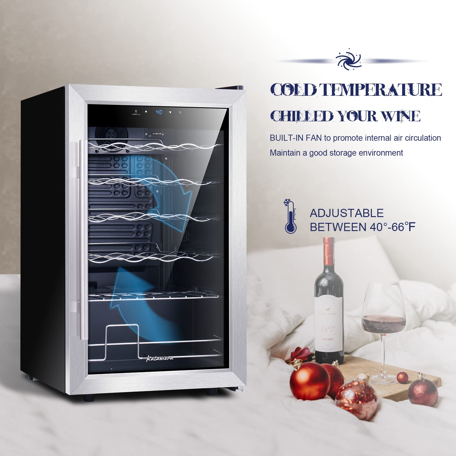 Kalamera 24 Bottle Wine Cooler Refrigerator - Freestanding Single Zone Compressor Wine Fridge with Stainless Steel Glass Door, Temperature Control 41°F-64°F for Home, Office, Bar - Perfect for Storing Wine, Beer, and Beverages