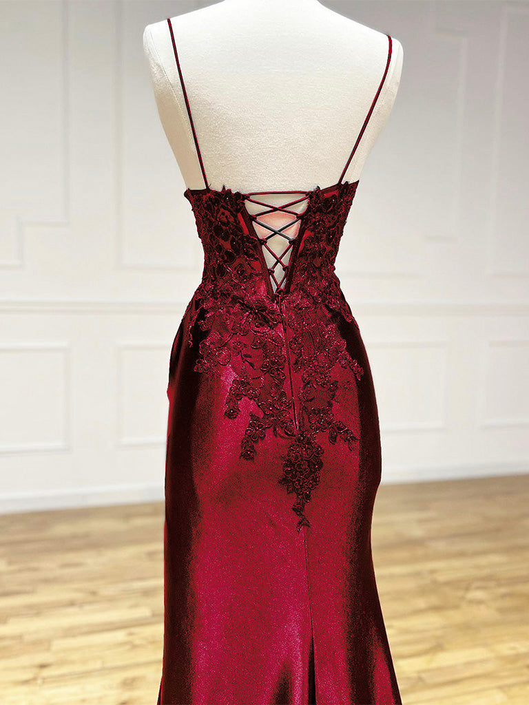 Elegant Burgundy V-Neck Satin Lace Long Prom Dress - Formal Evening Gown for Homecoming, Wedding & Special Occasions
