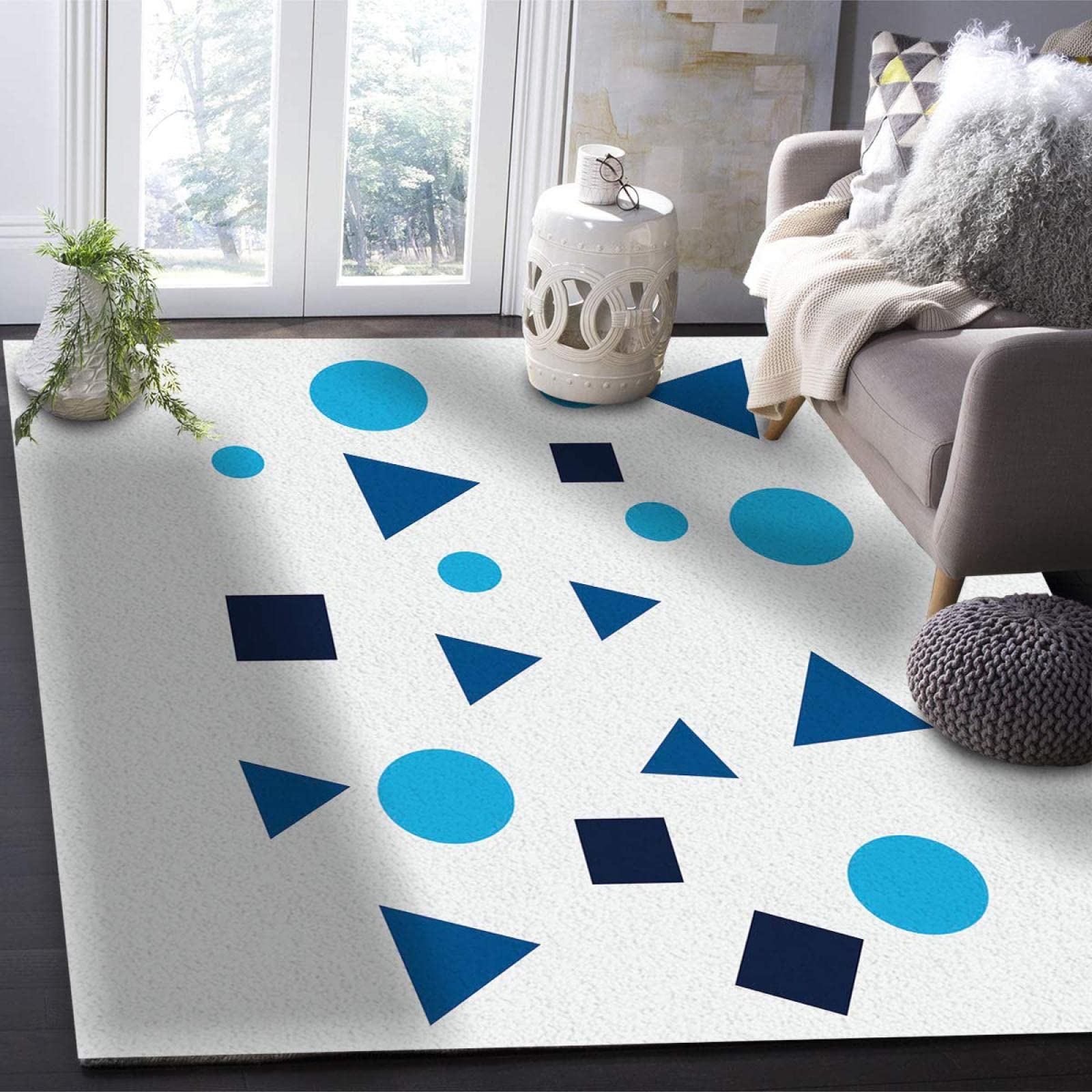 Blue Geometric Triangle Circle Square Area Rug - Soft Washable Carpet for Nursery, Bedroom & Living Room - 5ft x 6ft Kids Room Decor - Perfect for Boys & Girls Play Area, Dorm Room or Home Office