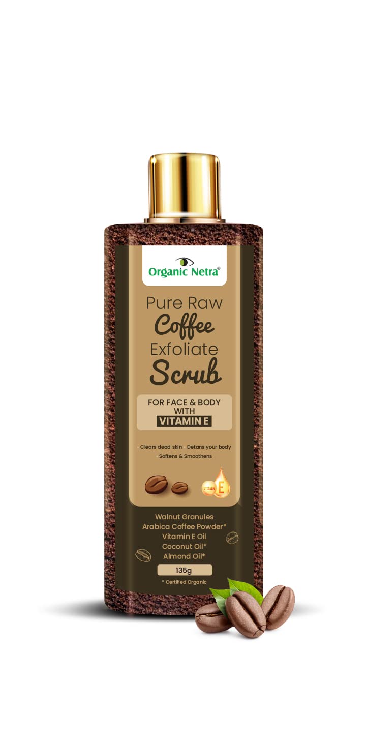 Organic Netra Pure Raw Coffee Face & Body Scrub with Vitamin E - Deep Hydration & Moisture | Natural & Organic Ingredients, Paraben-Free - 135g (Pack of 1) | Exfoliating & Revitalizing for Glowing Skin - Perfect for Daily Skincare Routine & Spa Treatment at Home