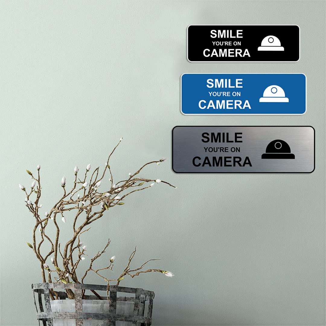 Standard Smile You're On Camera Sign (Navy Blue/White) - Large Security Warning Sign for Home, Office & Business Surveillance Areas