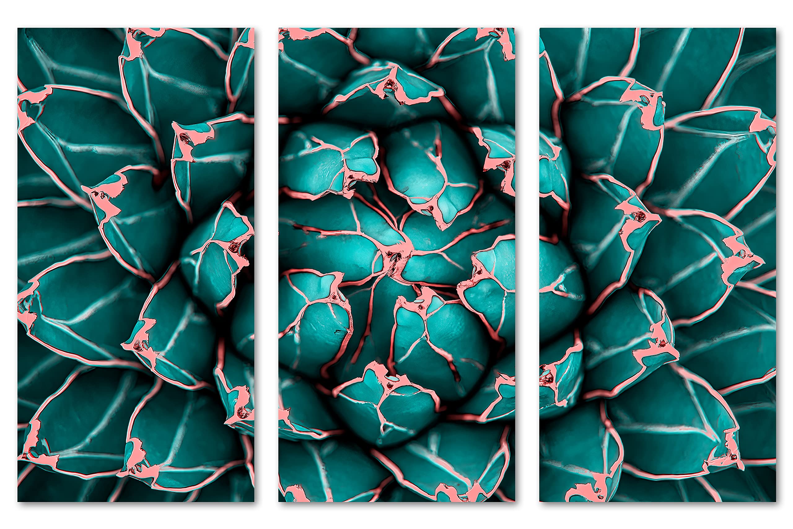 48x32 Inch Agave Cactus Canvas Wall Art - 3 Panel Split Botanical Print in Teal | Modern Home Decor for Living Room, Bedroom & Office