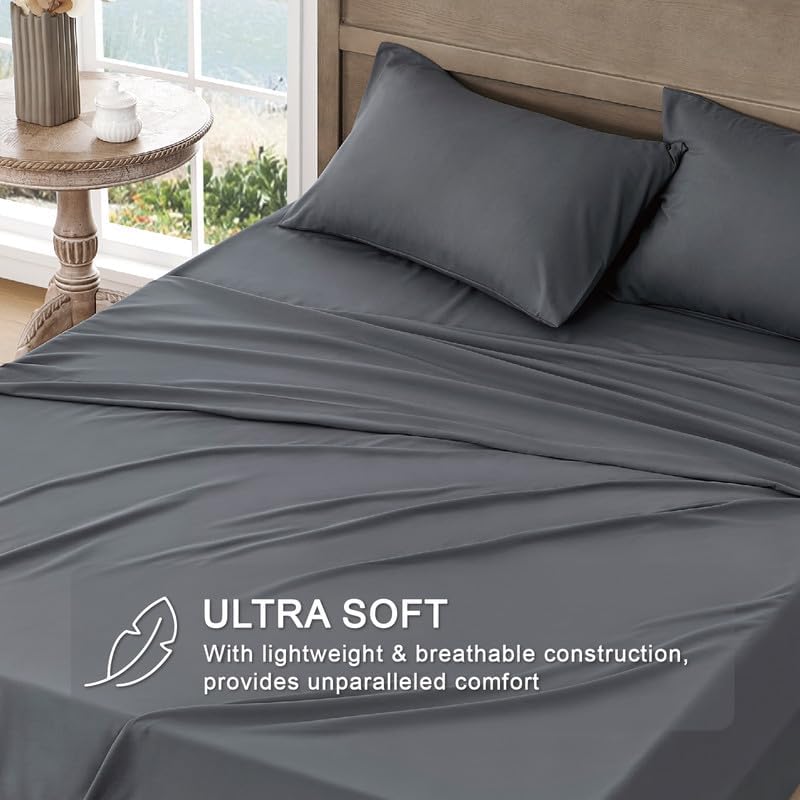 FreshCulture Queen Sheet Set - Ultra Soft Brushed Microfiber Bed Sheets for Queen Size Bed with Deep Pockets | Cooling, Breathable & Easy Care | 4-Piece Luxury Hotel Quality Bedding (Dark Grey) - Perfect for Home, Dorm, Guest Room & Airbnb