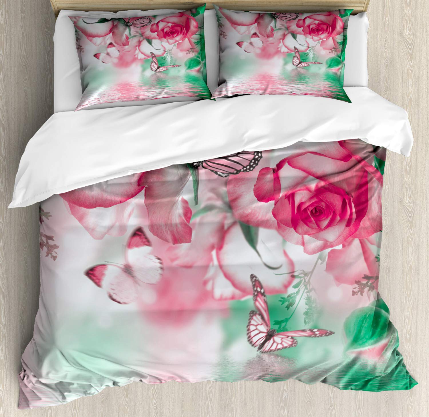 Ambesonne Spring Duvet Cover Set - Floral Rose Petals & Butterflies Design, 2-Piece King Size Bedding Set with 4 Pillowcases, Jade Green & Pale Pink - Perfect for Master Bedroom, Guest Room & Spring Home Decor