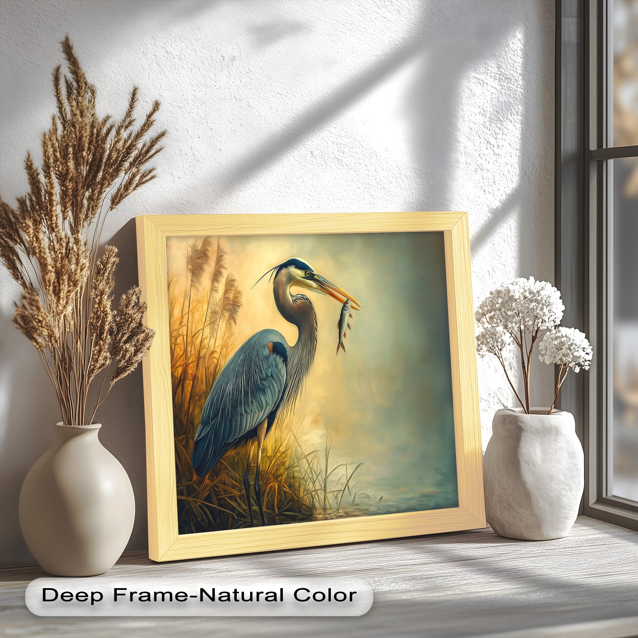 Blue Heron with Fish Oil Painting - Handmade Wildlife Artwork for Home & Office Decor | Perfect for Living Room, Bedroom, or Office Wall Art