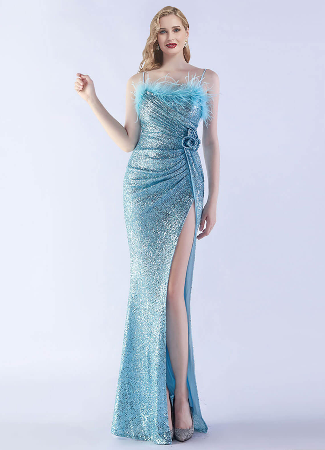 Cornflower Blue Luxury Feather Sequin Maxi Formal Gown - Elegant Spaghetti Strap Evening Dress for Prom, Wedding & Special Occasions