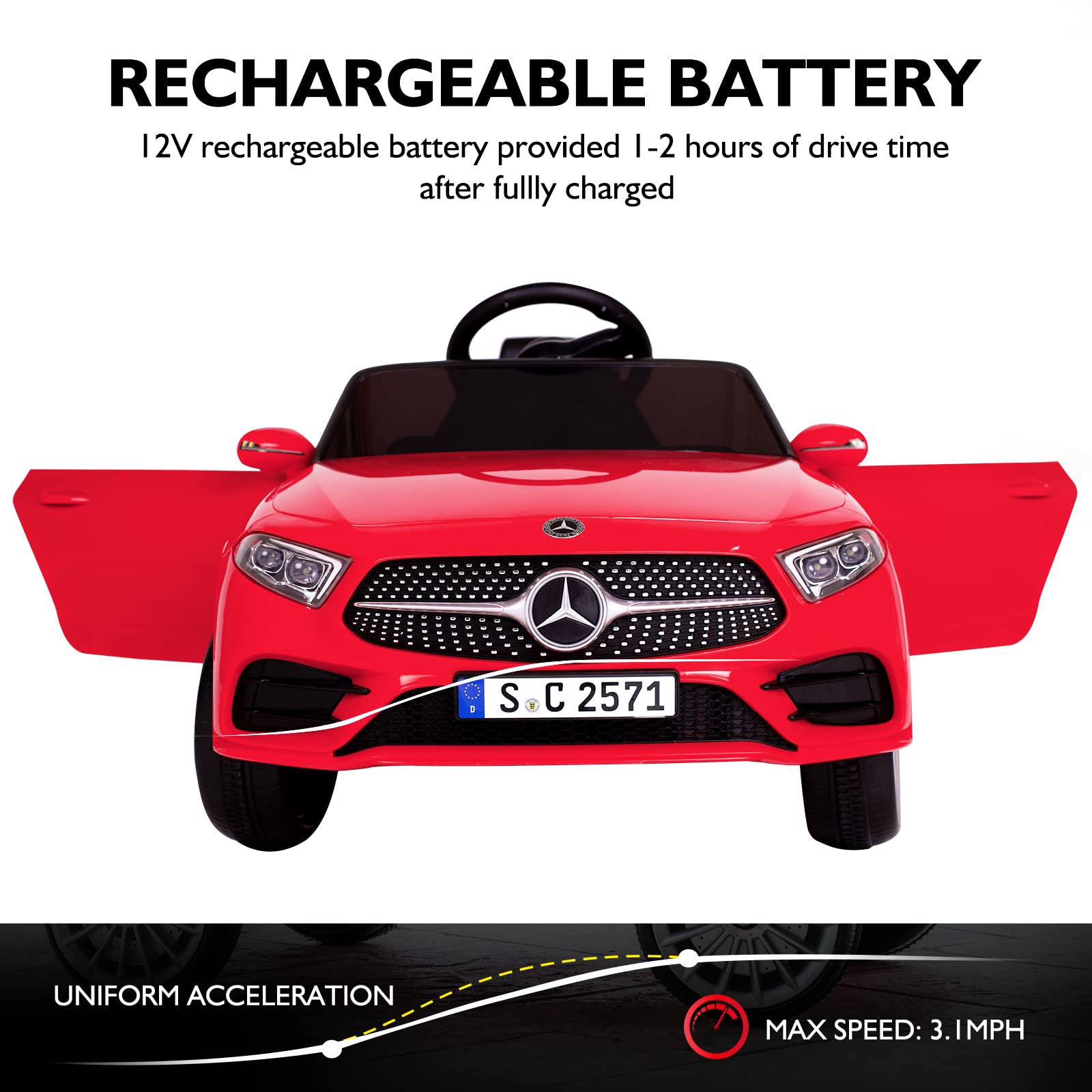 12V Licensed Mercedes Benz Kids Electric Ride-On Car with Remote Control - Adjustable Speed, Safety Belt, Music & LED Lights (Red) - Perfect Birthday Gift & Outdoor Play Toy for Boys & Girls Ages 3-8