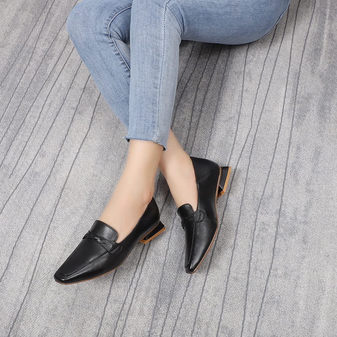 Women's Leather Penny Loafers - Square Toe Slip-On Dress Shoes for Office & Casual Wear - Comfortable & Stylish Flat Shoes for Women - Perfect for Work, Business, Travel & Everyday Outfits