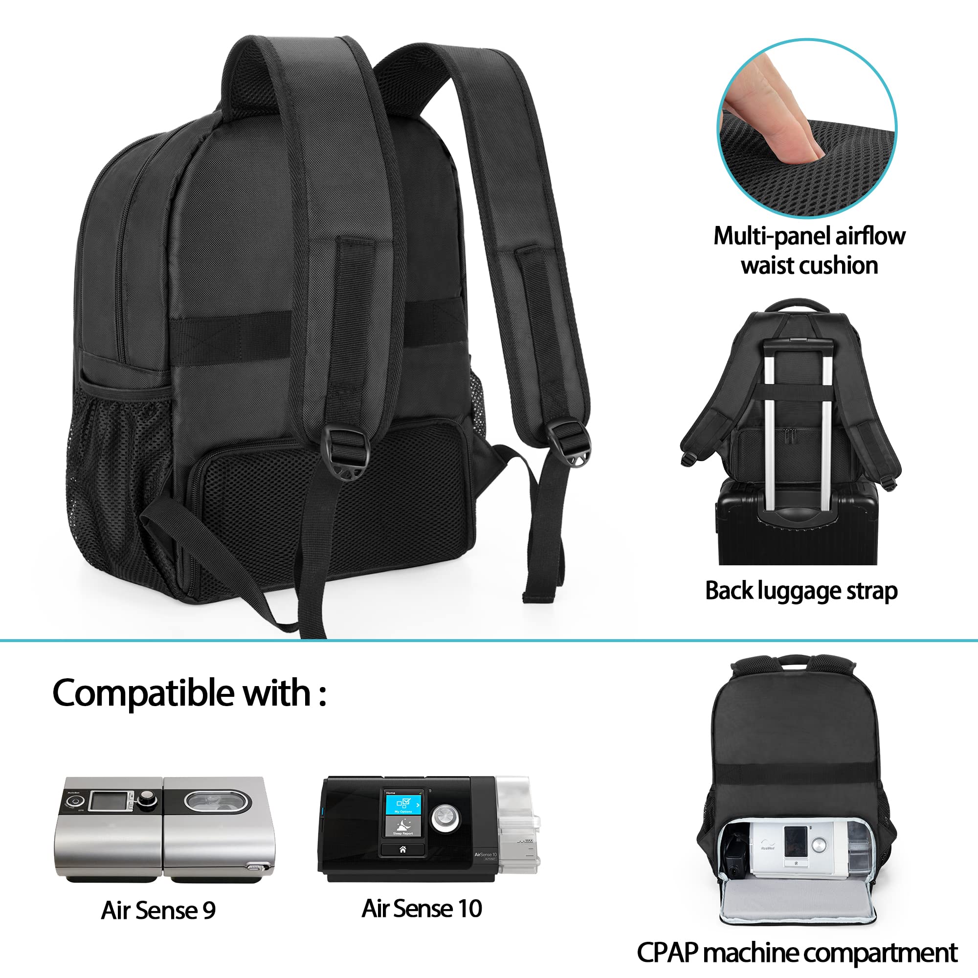 CURMIO CPAP Travel Backpack for ResMed & Philips - Black (Patented) - Perfect for Air Travel & Camping