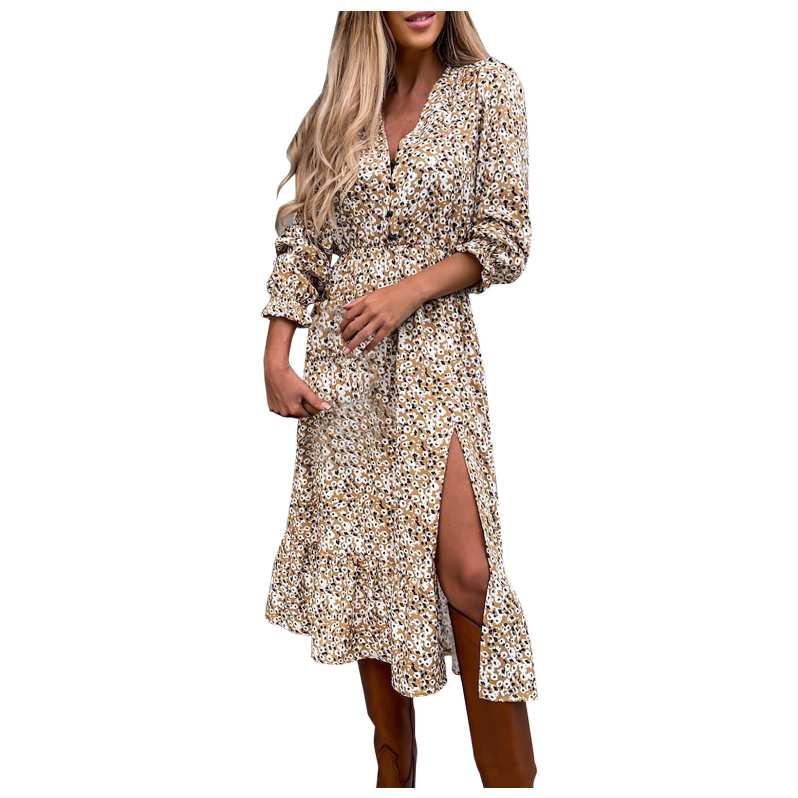 Women's Summer Long Sleeve Dot Print Bandage Dress - Button Front Casual Beach Maxi Dress | Soft & Breathable for Hot Weather | Perfect for Vacations, Date Nights & Summer Outings