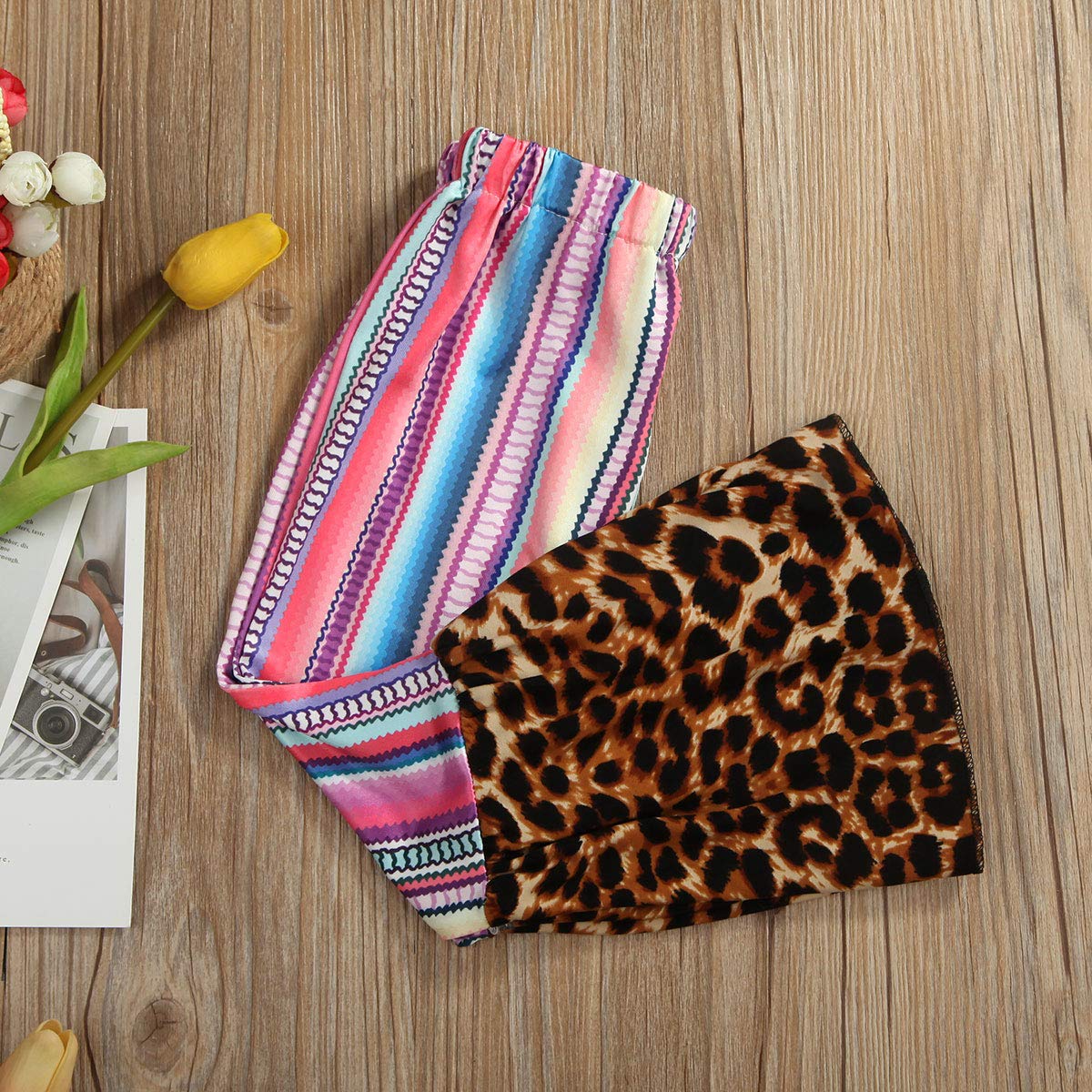 Toddler Girls Leopard Print Ruffle Leggings - Flare Bell Bottom Pants with Plaid Design for Playdates, Parties & Everyday Wear