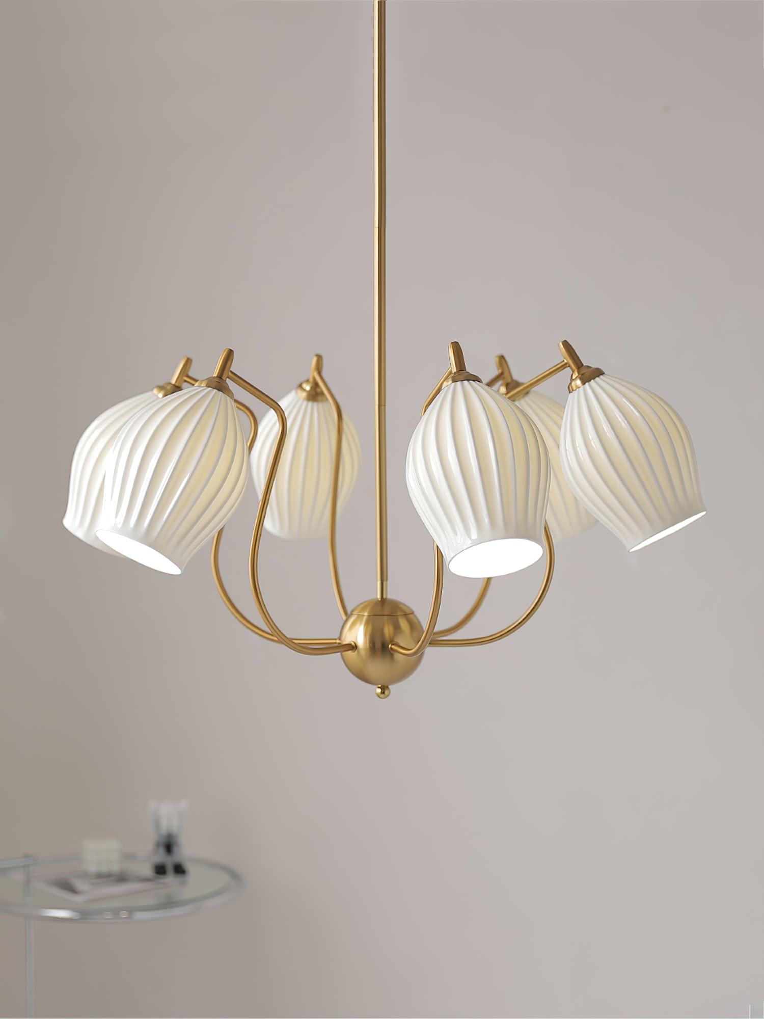 Elegant Ceramic Ribbed Chandelier - Modern Farmhouse Lighting Fixture for Dining Room, Living Room & Bedroom Ceiling Decor
