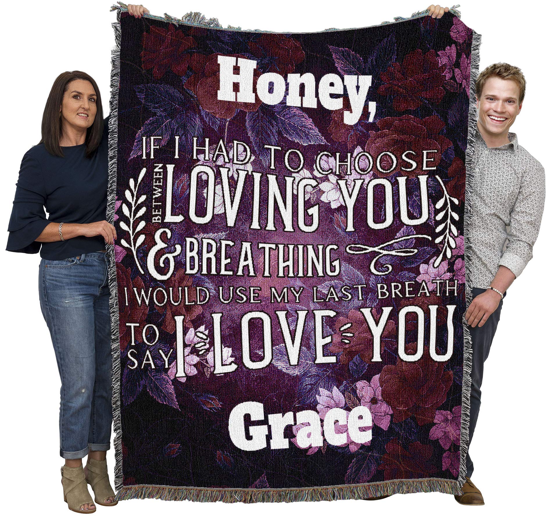 Personalized Purple Cotton Woven Throw Blanket - 'Breathing Loving You' Custom Gift Tapestry - Made in USA (72x54) - Perfect for Couples, Weddings & Cozy Home Decor