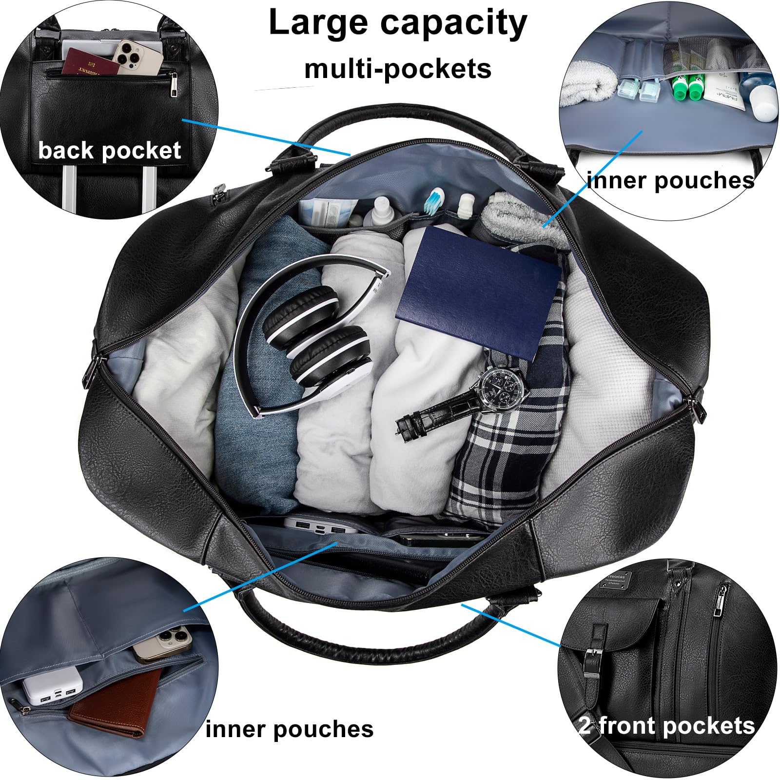 Premium Leather Travel Duffel Bag for Women & Men - Large Waterproof Weekender Overnight Bag with Shoe Compartment | Carry-On Tote & Gym Bag with Luggage Strap (Black) | Perfect for Business Trips, Weekend Getaways & Sports Travel
