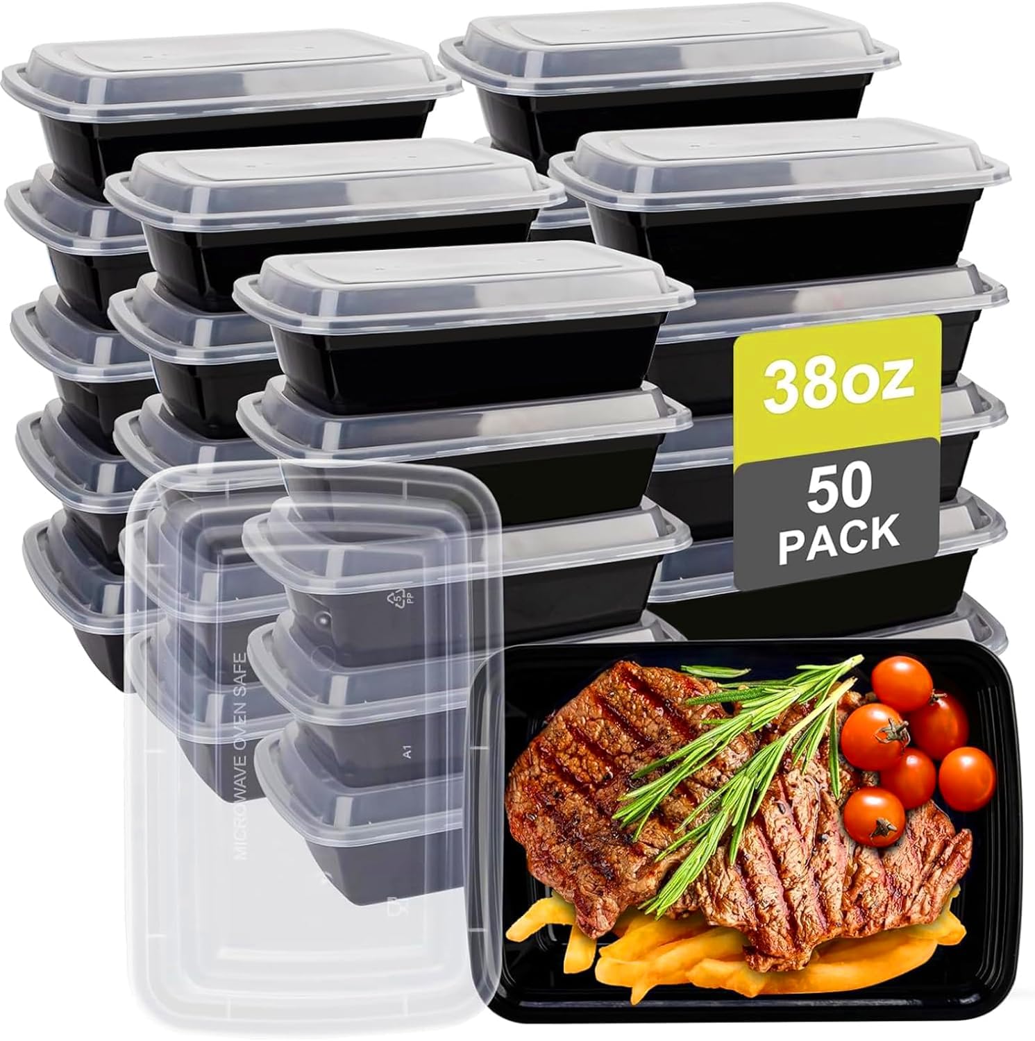 50 Pack 38oz BPA-Free Meal Prep Containers with Lids - Reusable Plastic Food Storage Containers for Microwave, Dishwasher & Freezer - Perfect for Meal Prepping, Leftovers, Office Lunches & Picnics
