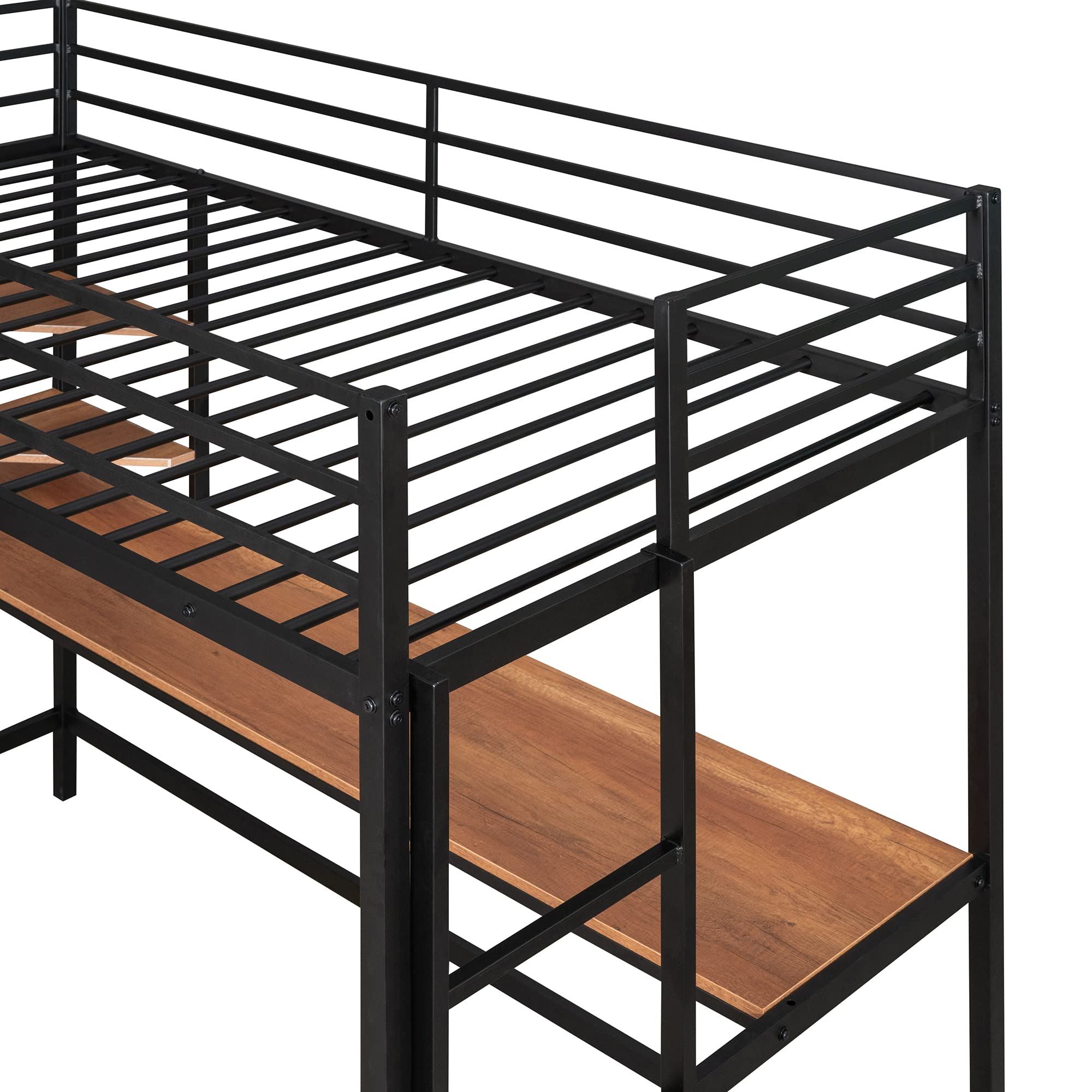Twin Size Loft Bed with Desk & Storage - Heavy Duty Metal Frame with Safety Guardrail for Kids - Space Saving Black Loft Bed for Small Rooms & Dormitories - Perfect for Study, Sleep & Organization