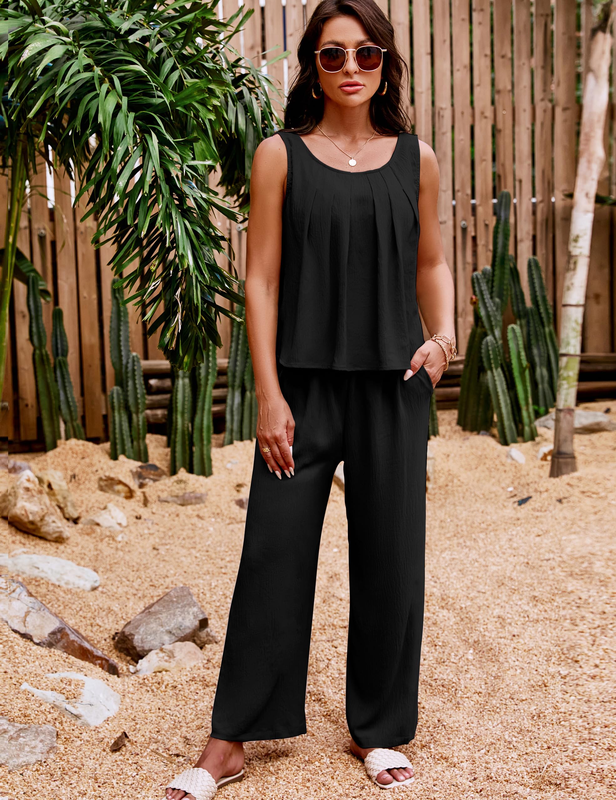 Women's Linen Two-Piece Lounge Set - Blooming Jelly Matching Outfits with Pants | Holiday, Vacation & Casual Wear